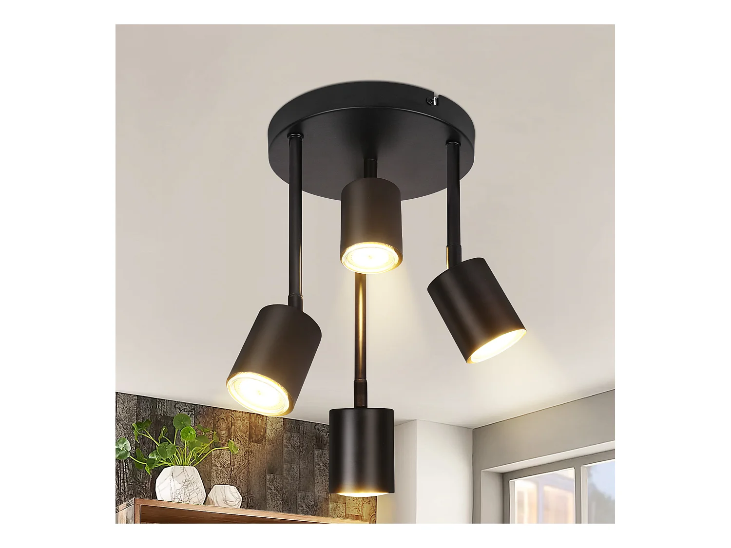 NETTLIFE Spot de plafond 4 ampoules plafonnier noir orientable LED GU10 lampe de cuisine 350°