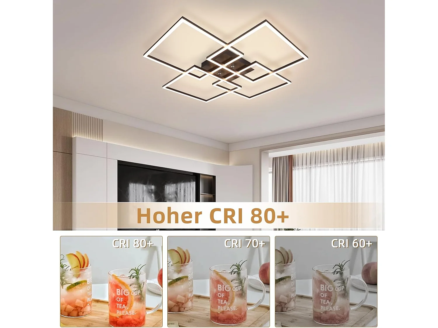 NETTLIFE Plafondlamp LED - Vierkant - 4 Lichts - Zwart - 3000K Warm wit Licht - Modern Plafondlamp 72cm - voor Woonkamer | Keuken | Slaapkamer - 32W