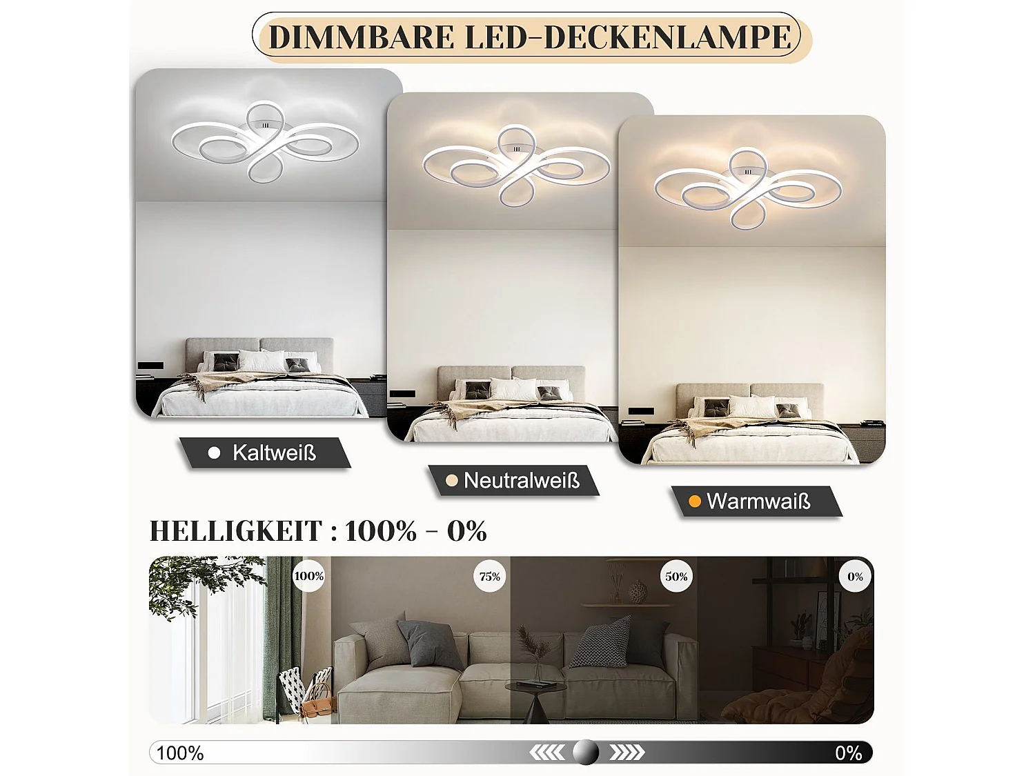 NETTLIFE Lampa sufitowa LED z możliwością przyciemniania, duża, 100 cm, 90 W, nowoczesna, biała, z pilotem