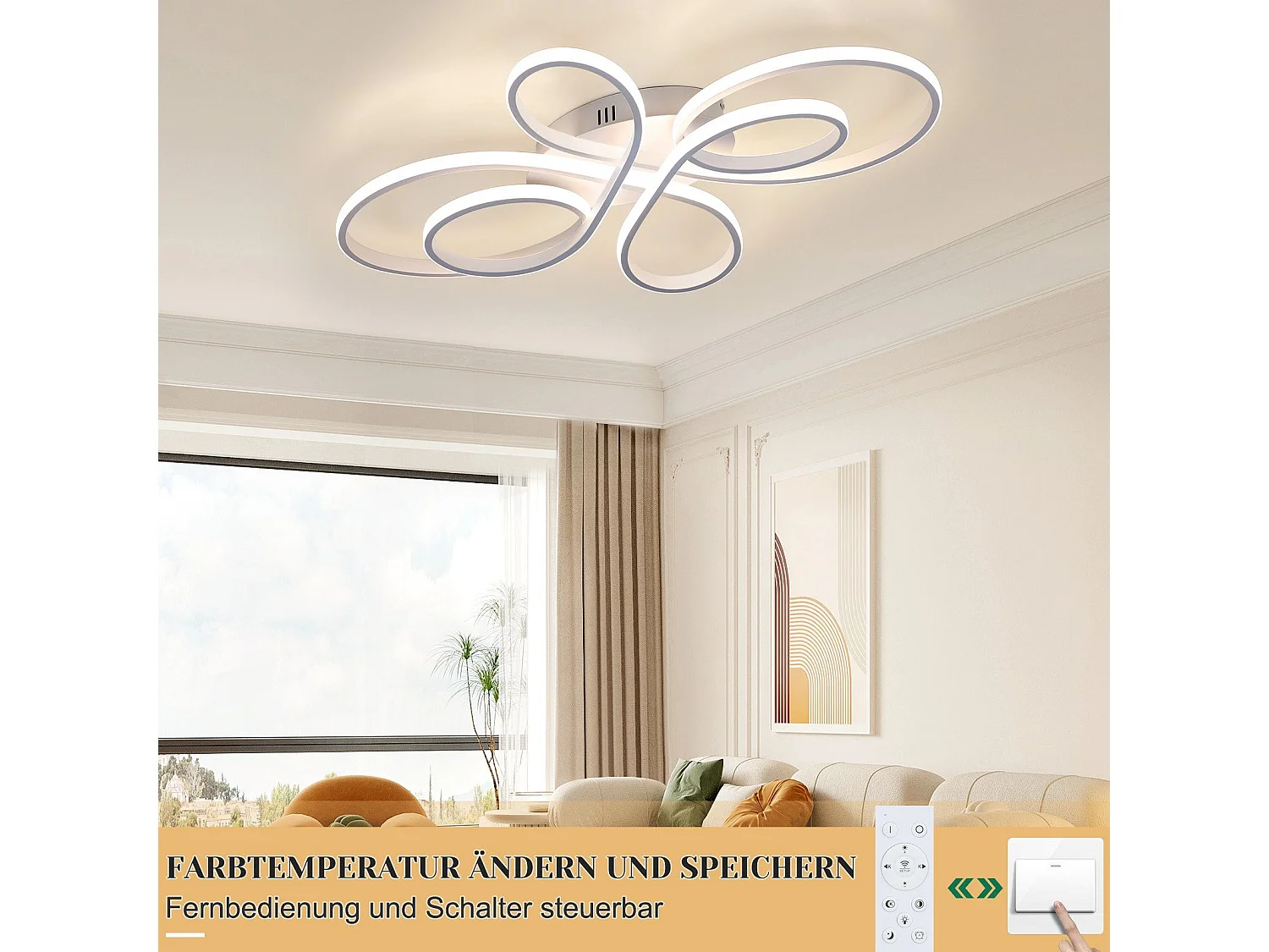 NETTLIFE Lampa sufitowa LED z możliwością przyciemniania, duża, 100 cm, 90 W, nowoczesna, biała, z pilotem