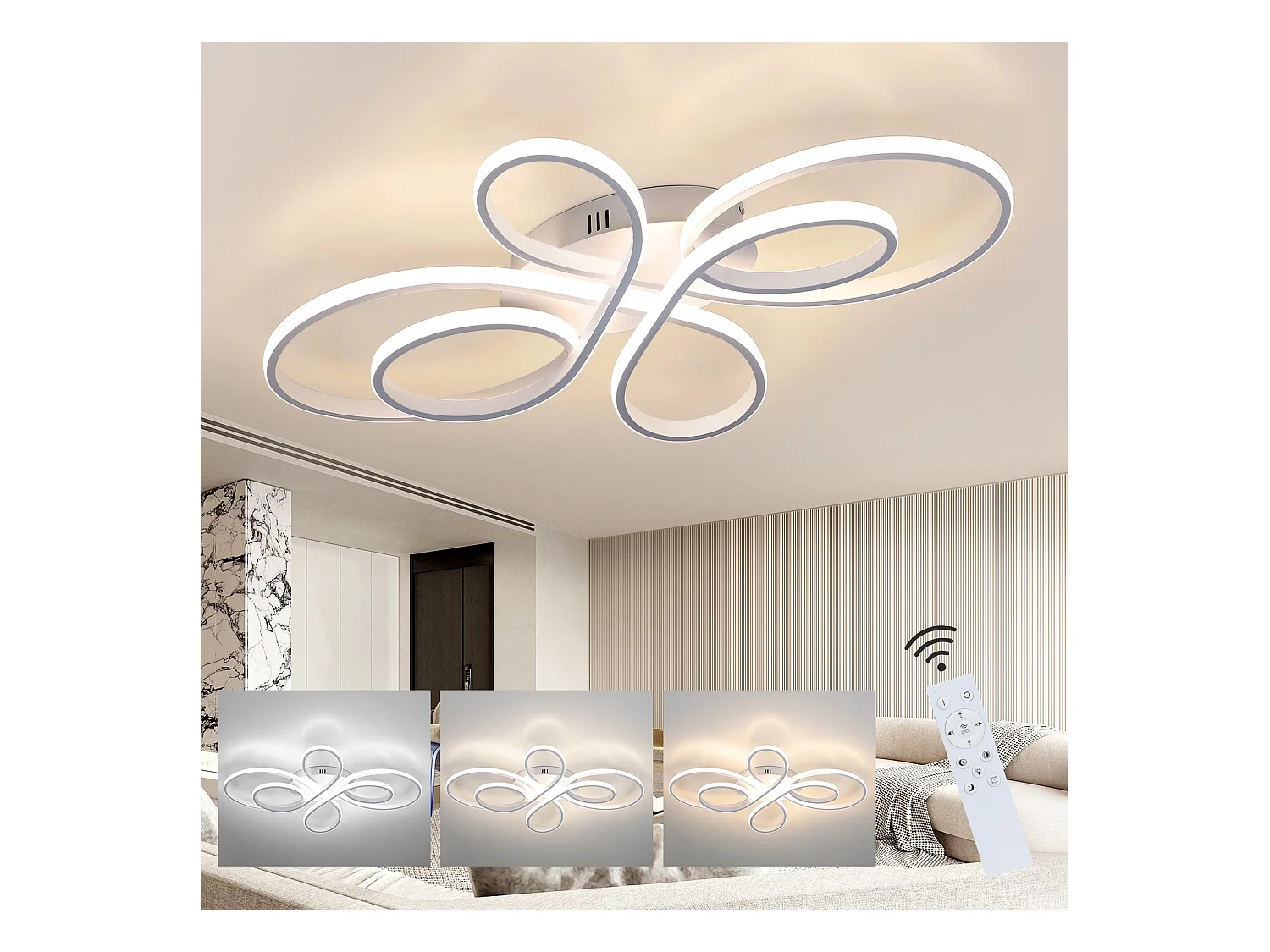 NETTLIFE Plafonnier LED Dimmable Grand 100cm 90W Moderne Blanc avec Télécommande Design
