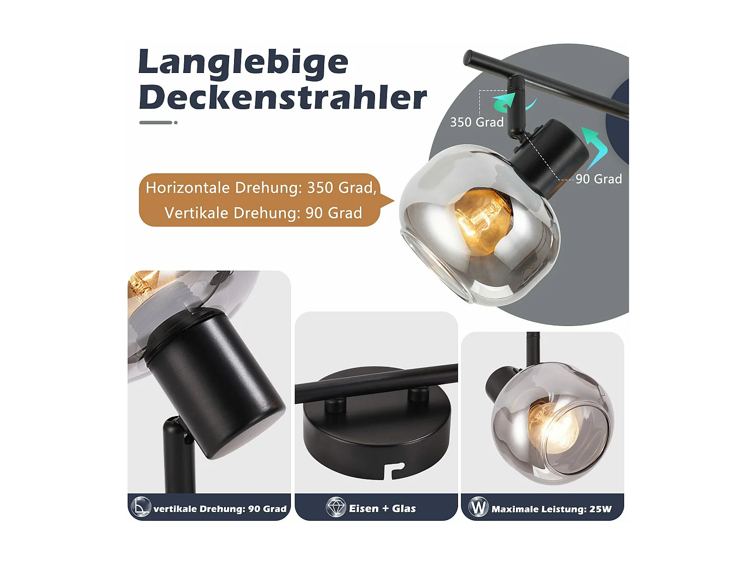 NETTLIFE Spot de plafond spots de plafond noirs GU10-2 rotatif à 355° moderne