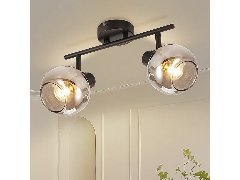 NETTLIFE Opbouwspot 2xE14 fitting Retro Zwart Plafondlamp Rookgrijs glas Plafondspot 30.5cm voor woonkamer slaapkamer hal keuken Zonder lichtbron Max.25W