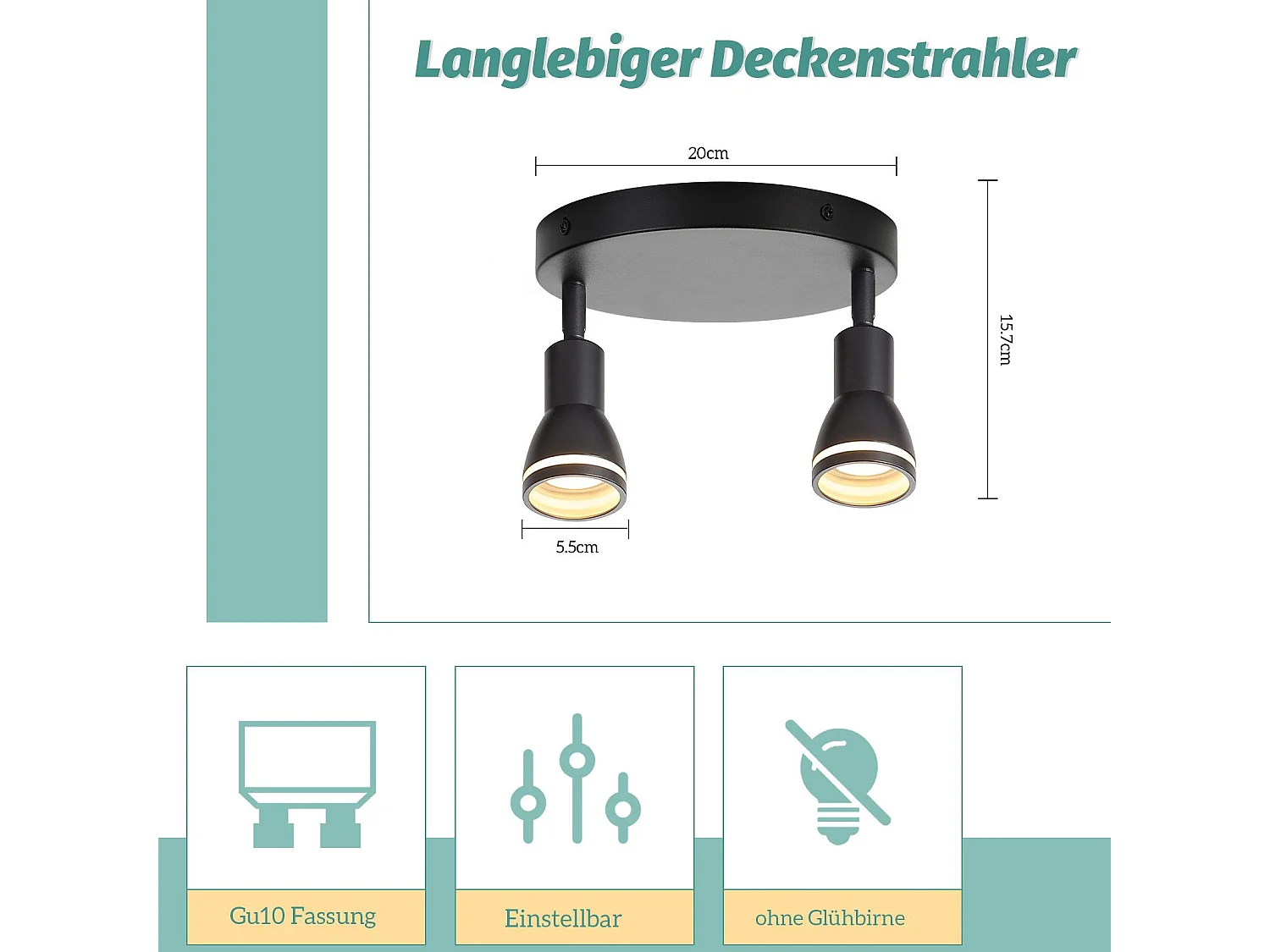 NETTLIFE Opbouwspot GU10 L 20cm zwart 2-Lichts Moderne Plafondlamp 355° draaibaar Plafondspot creatief ontwerp Lampkap voor Slaafkamer | Kantoor | Woonkamer Max.25W