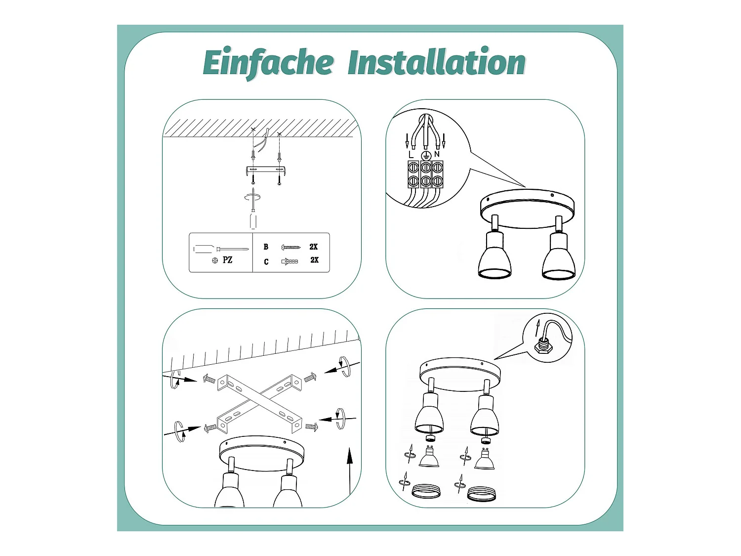 NETTLIFE Spot de plafond LED 2 ampoules noir salon plafonnier spot orientable GU10 spot lampe moderne