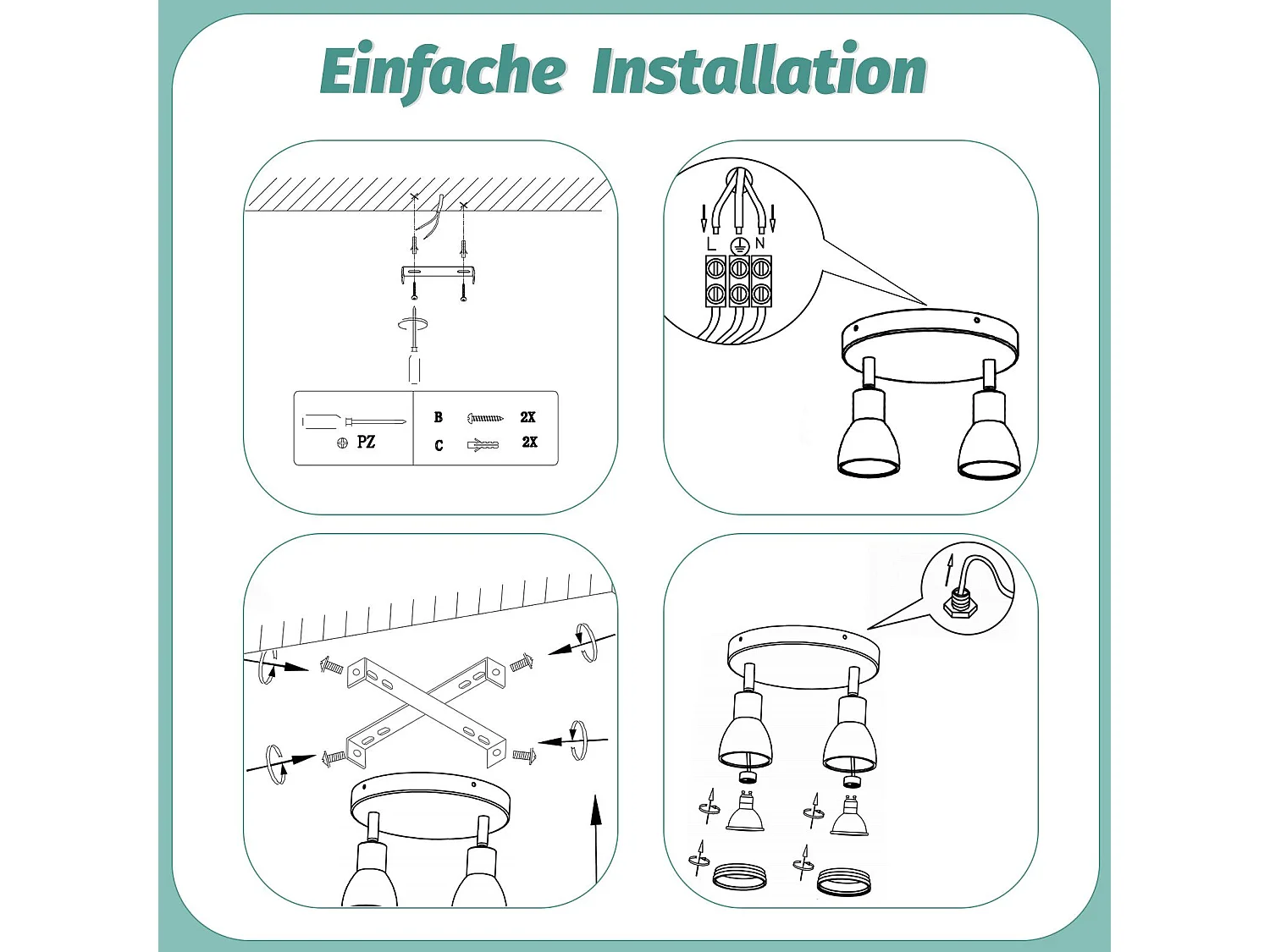 NETTLIFE Spot de plafond LED 2 ampoules noir salon plafonnier spot orientable GU10 spot lampe moderne