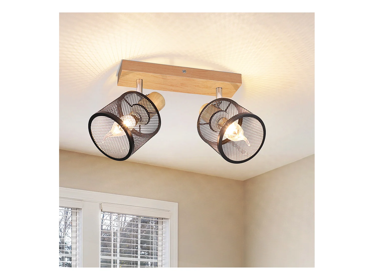 NETTLIFE Opbouwspot Hout zwart cilinder 2-lichts E14 Fitting 350° draaibar Plafondspot Kooiontwerp  Max.25W Vintage Plafondlamp