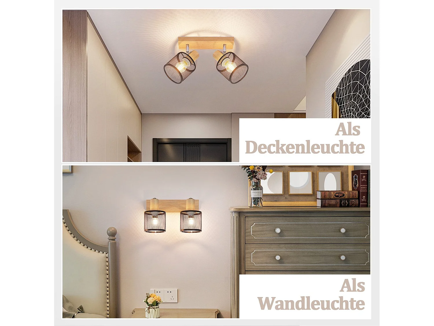 NETTLIFE Lampa sufitowa 2 reflektory, efekt czarnego drewna - lampa sufitowa E14 regulowana 350°, 4 żarówki, maks. 25 W, nowoczesna do salonu, sypialni, kuchni.