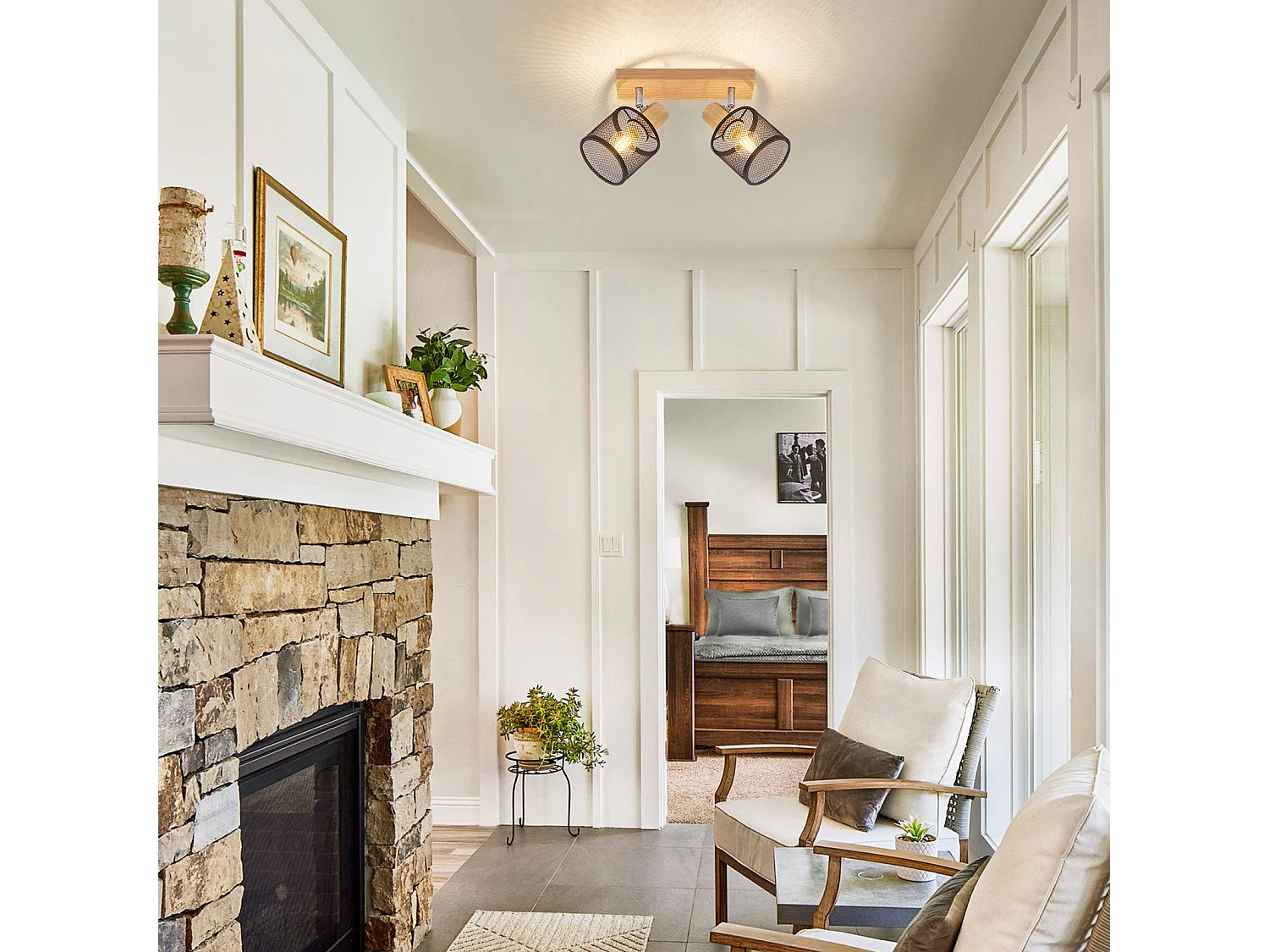 NETTLIFE Plafonnier 2 Spots noir aspect  bois - plafonnier E14 orientable 350° 4 ampoules max 25w moderne pour salon chambre cuisine.