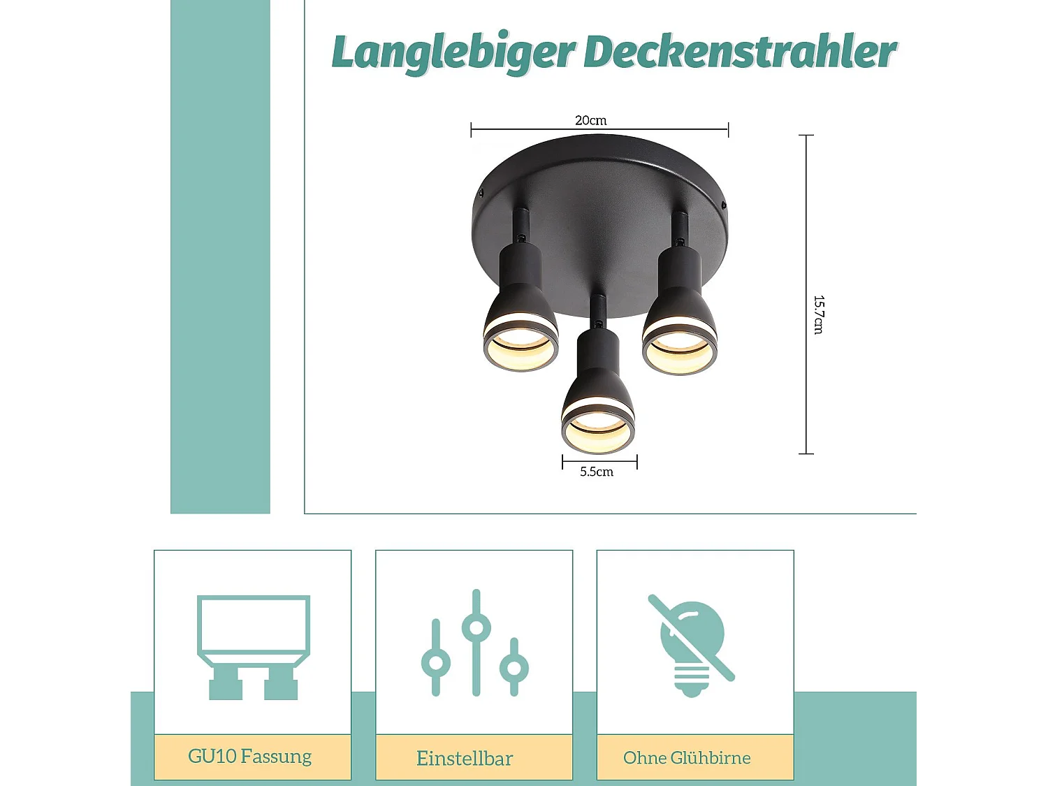 NETTLIFE Opbouwspot GU10 L 20cm zwart 3-Lichts Moderne Plafondlamp 355° draaibaar Plafondspot creatief ontwerp Lampkap voor Slaafkamer | Kantoor | Woonkamer Max.25W