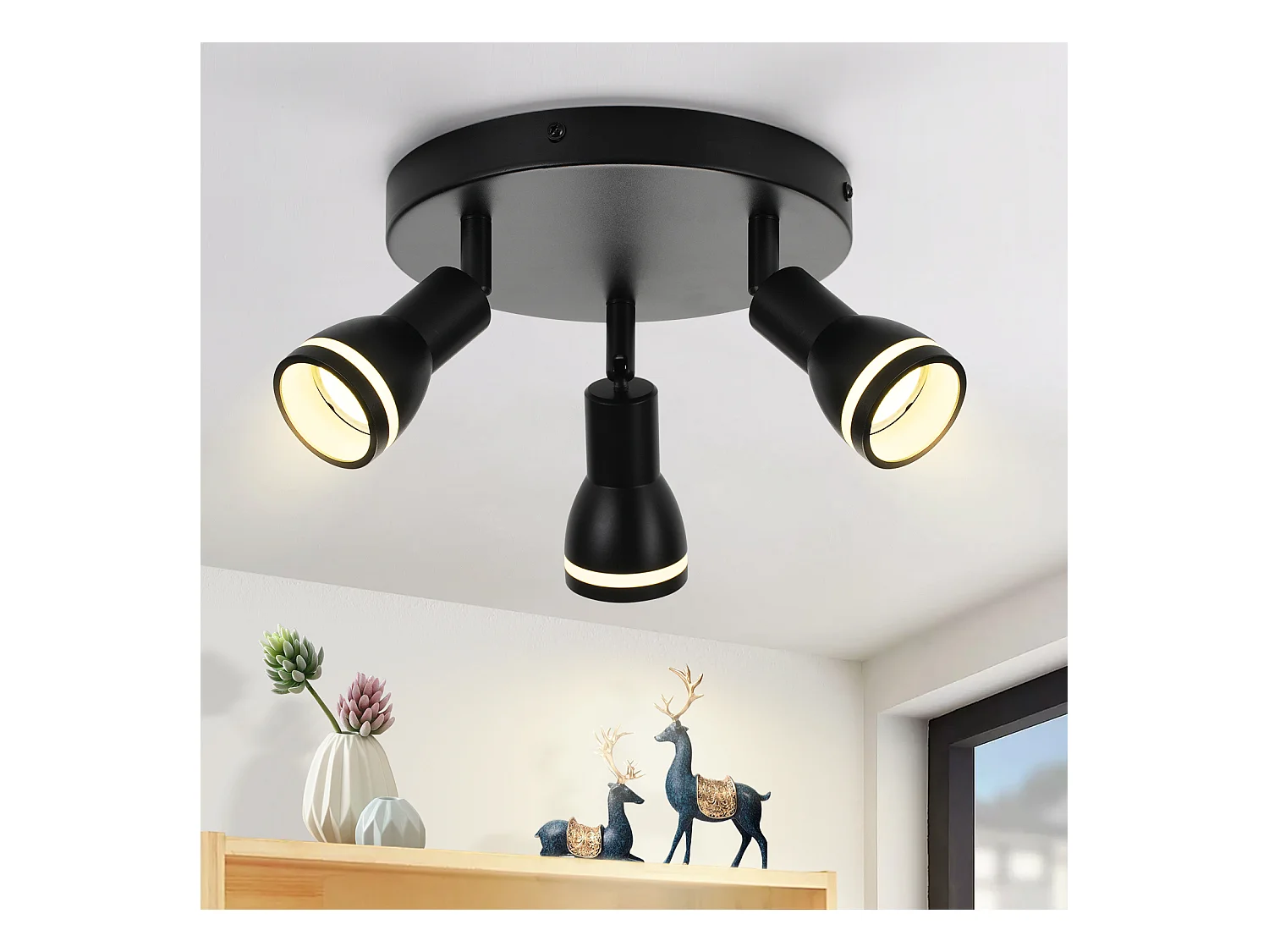 NETTLIFE Plafonnier noir moderne : 3 spots de plafond orientables en métal, plafonnier GU10, pour chambre, salle à manger, sans ampoule