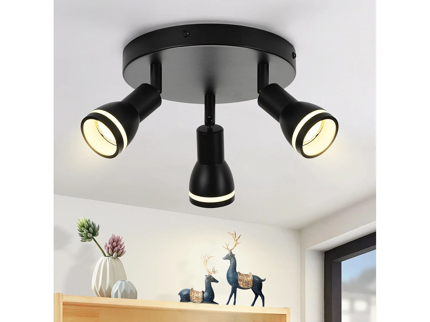 NETTLIFE Plafonnier noir moderne : 3 spots de plafond orientables en métal, plafonnier GU10, pour chambre, salle à manger, sans ampoule