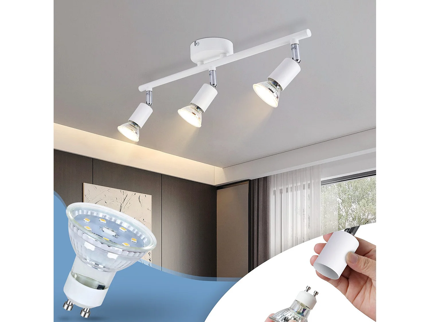 NETTLIFE Spot de plafond LED 3 ampoules plafonnier - plafonnier d'intérieur GU10 blanc chaud moderne