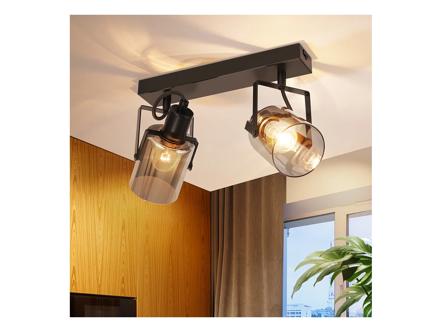 NETTLIFE Spot de plafond plafonnier vintage noir 2 ampoules plafonnier en verre E14 rétro