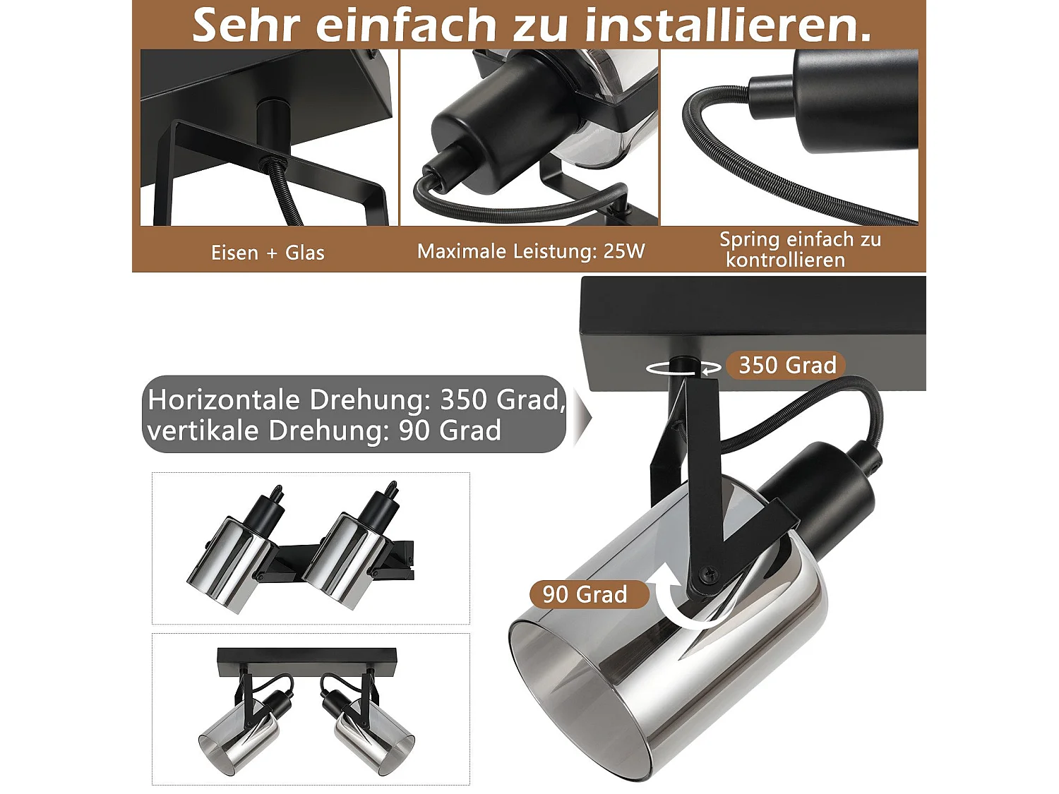 NETTLIFE Opbouwspot 2xE14 Zwart Vintage Plafondlamp cilinder Plafondspot Rookgrijs glazen ontwerp voor slaapkamer hal keuken woonkamer Zonder lichtbron 30cm