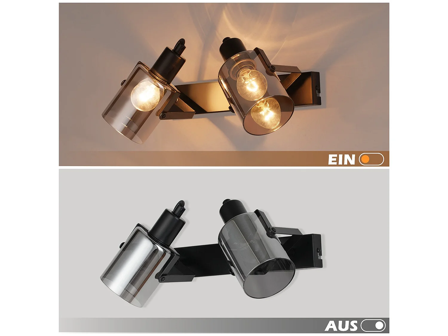 NETTLIFE Opbouwspot 2xE14 Zwart Vintage Plafondlamp cilinder Plafondspot Rookgrijs glazen ontwerp voor slaapkamer hal keuken woonkamer Zonder lichtbron 30cm