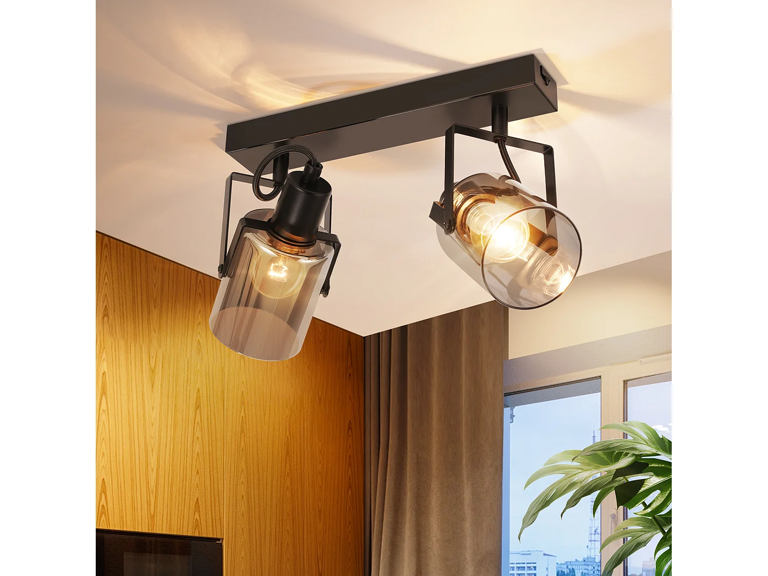 NETTLIFE Spot de plafond plafonnier vintage noir 2 ampoules plafonnier en verre E14 rétro