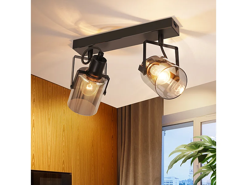 NETTLIFE Spot de plafond plafonnier vintage noir 2 ampoules plafonnier en verre E14 rétro
