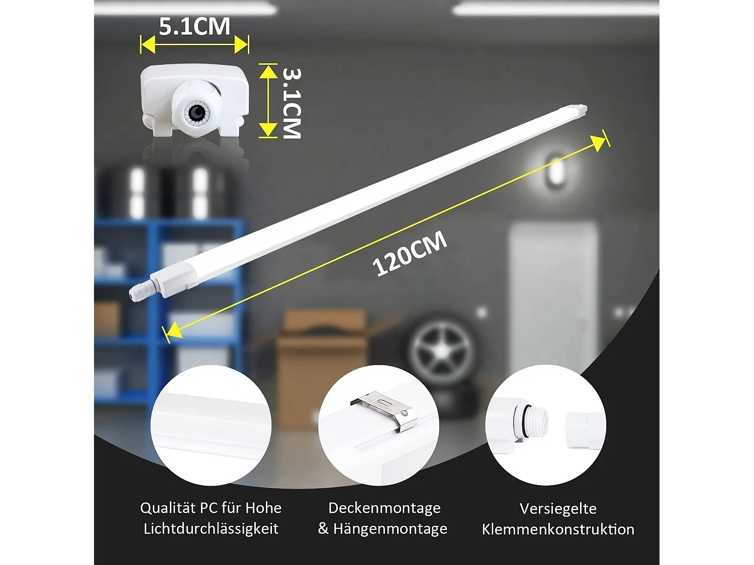 NETTLIFE plafonnier LED 120CM pour pièce humide 36W IP65 blanc neutre 4000K