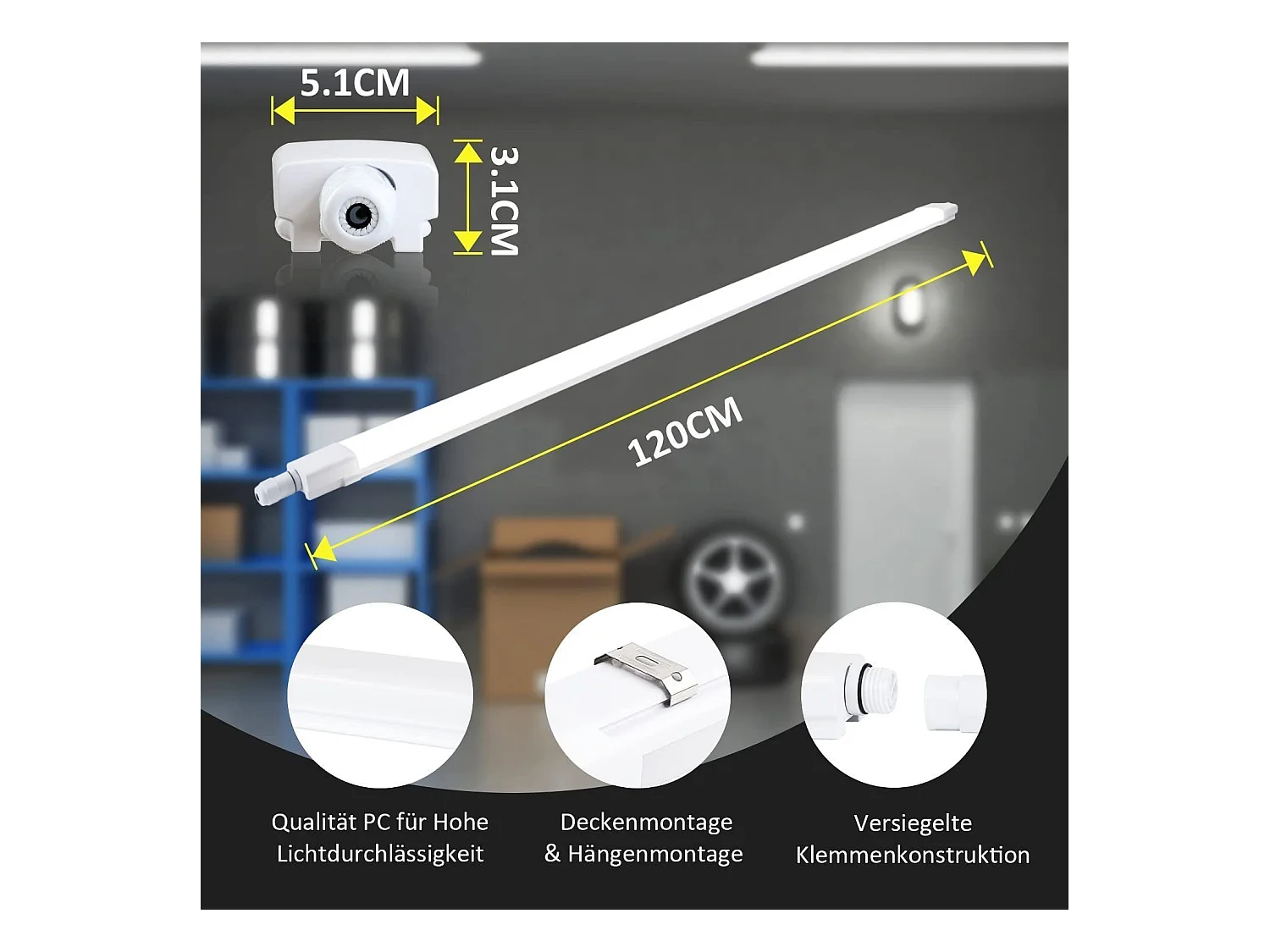 NETTLIFE plafonnier LED 120CM pour pièce humide 36W IP65 blanc neutre 4000K