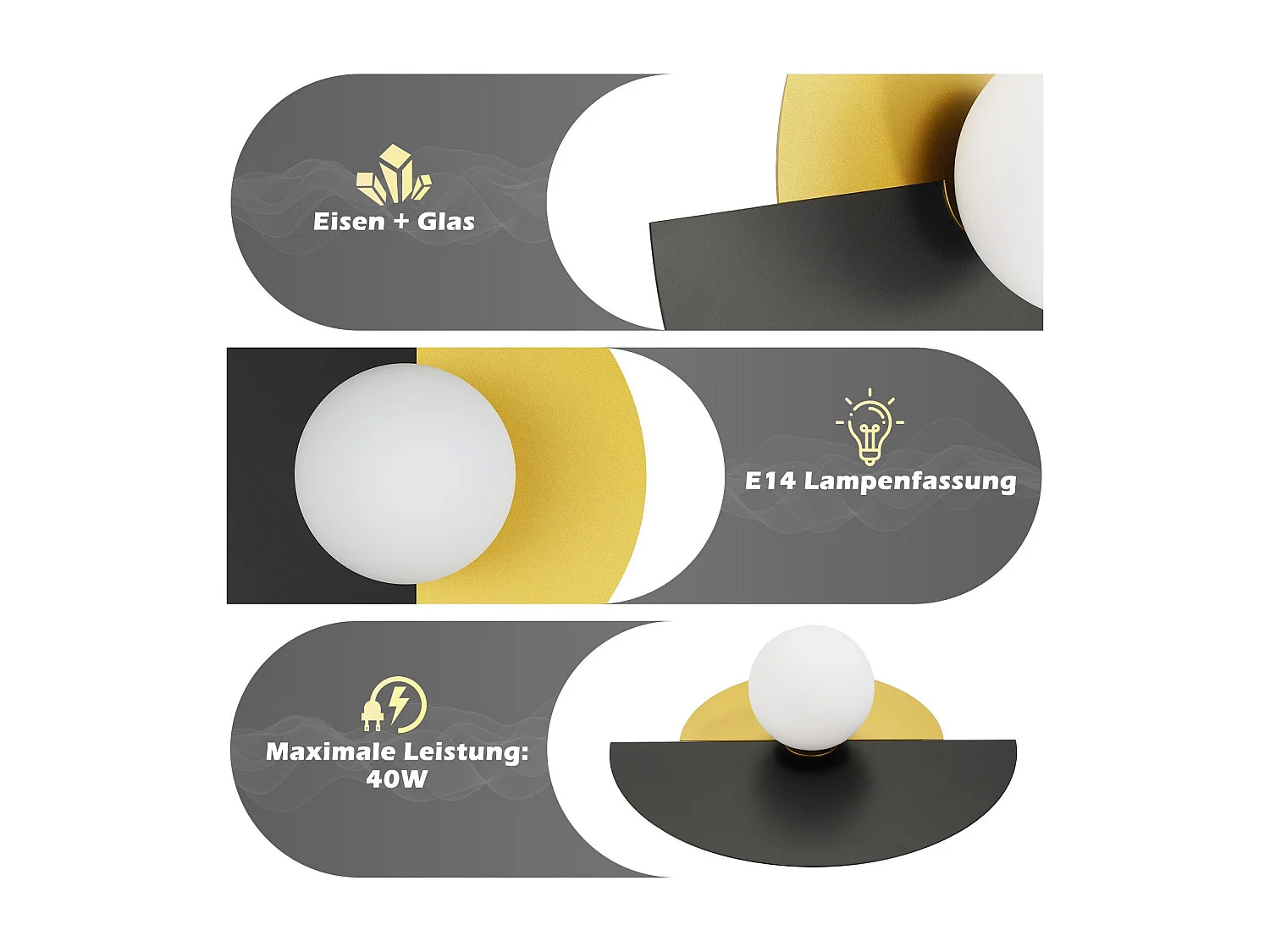 NETTLIFE Plafondlamp E14 zwart goud 1-Lichts Vintage Plafondverlichting met Glas Lampkap Metaal voor Woonkamer | Slaafkamer | Keuken | Hal Zonder Lichtborn 35.5cm