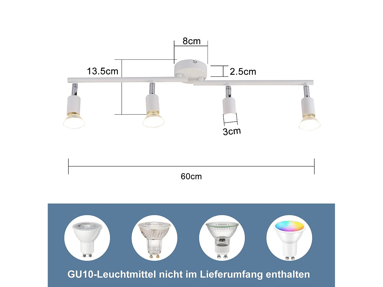 NETTLIFE Opbouwspot 4-lichts GU10 Fitting wit Metaal draaibar Plafondspot L 60cm Vintage Plafondlamp voor Slaapkamer | Hal | Woonkamer | Keuken Zonder Lichtborn
