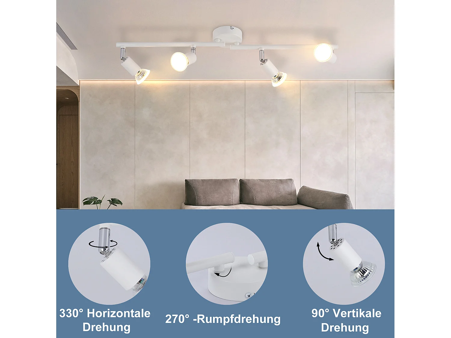 NETTLIFE Plafonnier LED 4 ampoules GU10 plafonnier moderne spot intérieur blanc