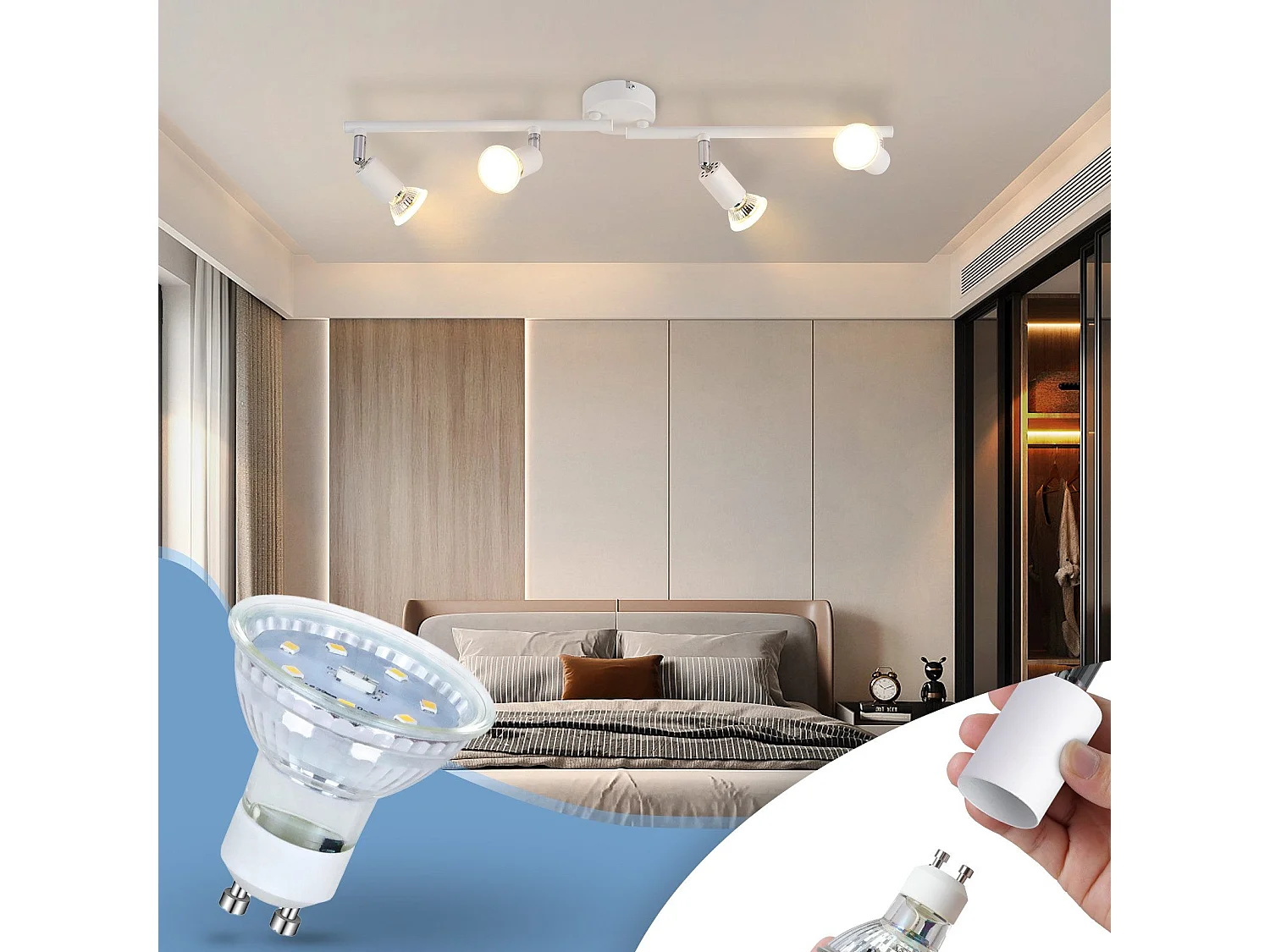 NETTLIFE Plafonnier LED 4 ampoules GU10 plafonnier moderne spot intérieur blanc