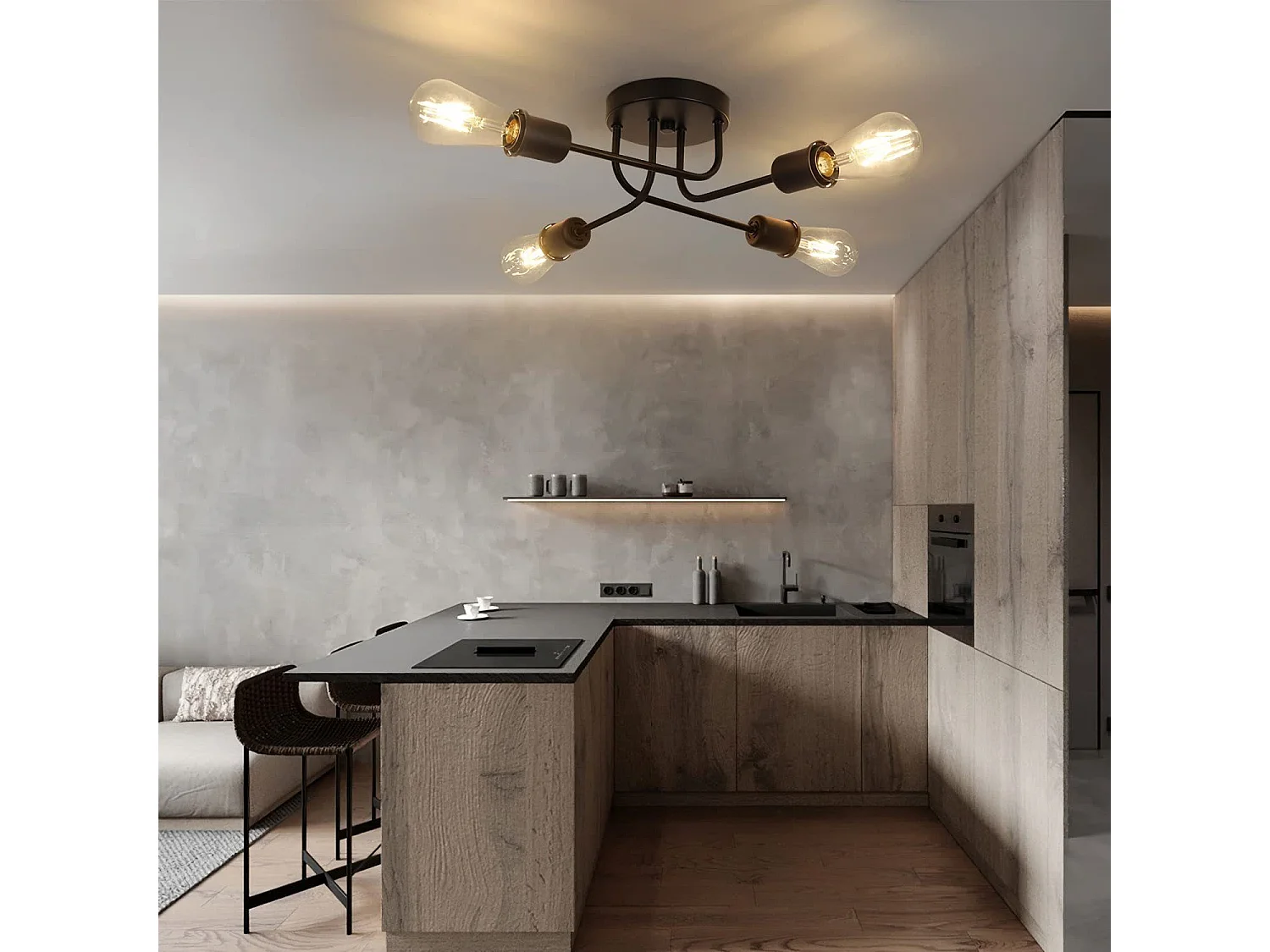 NETTLIFE Deckenleuchte Deckenleuchte Vintage Schwarz - Retro Wohnzimmerlampe 4 Industrie-Lampen E27 Ohne Glühbirnen