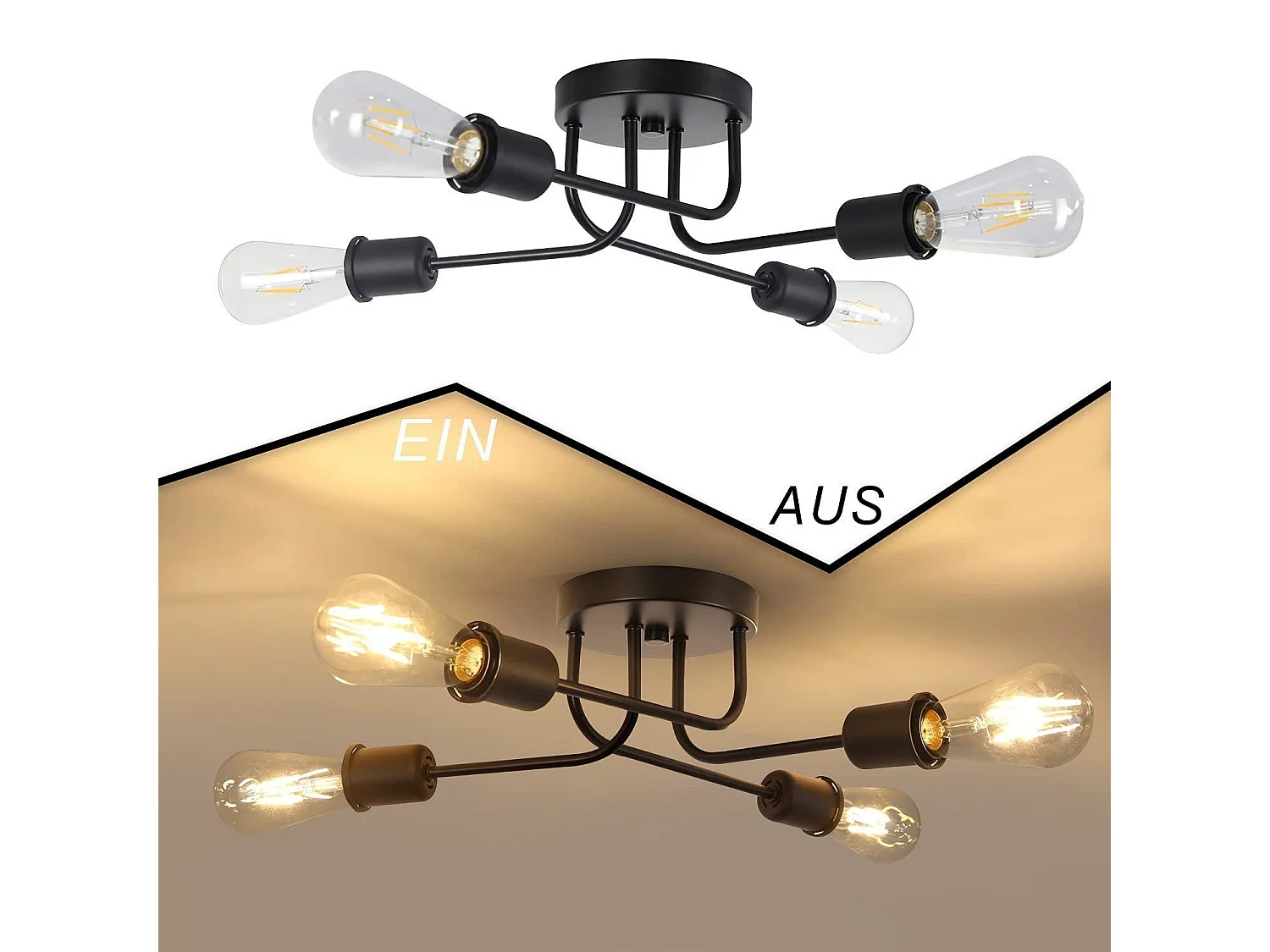 NETTLIFE Deckenleuchte Deckenleuchte Vintage Schwarz - Retro Wohnzimmerlampe 4 Industrie-Lampen E27 Ohne Glühbirnen