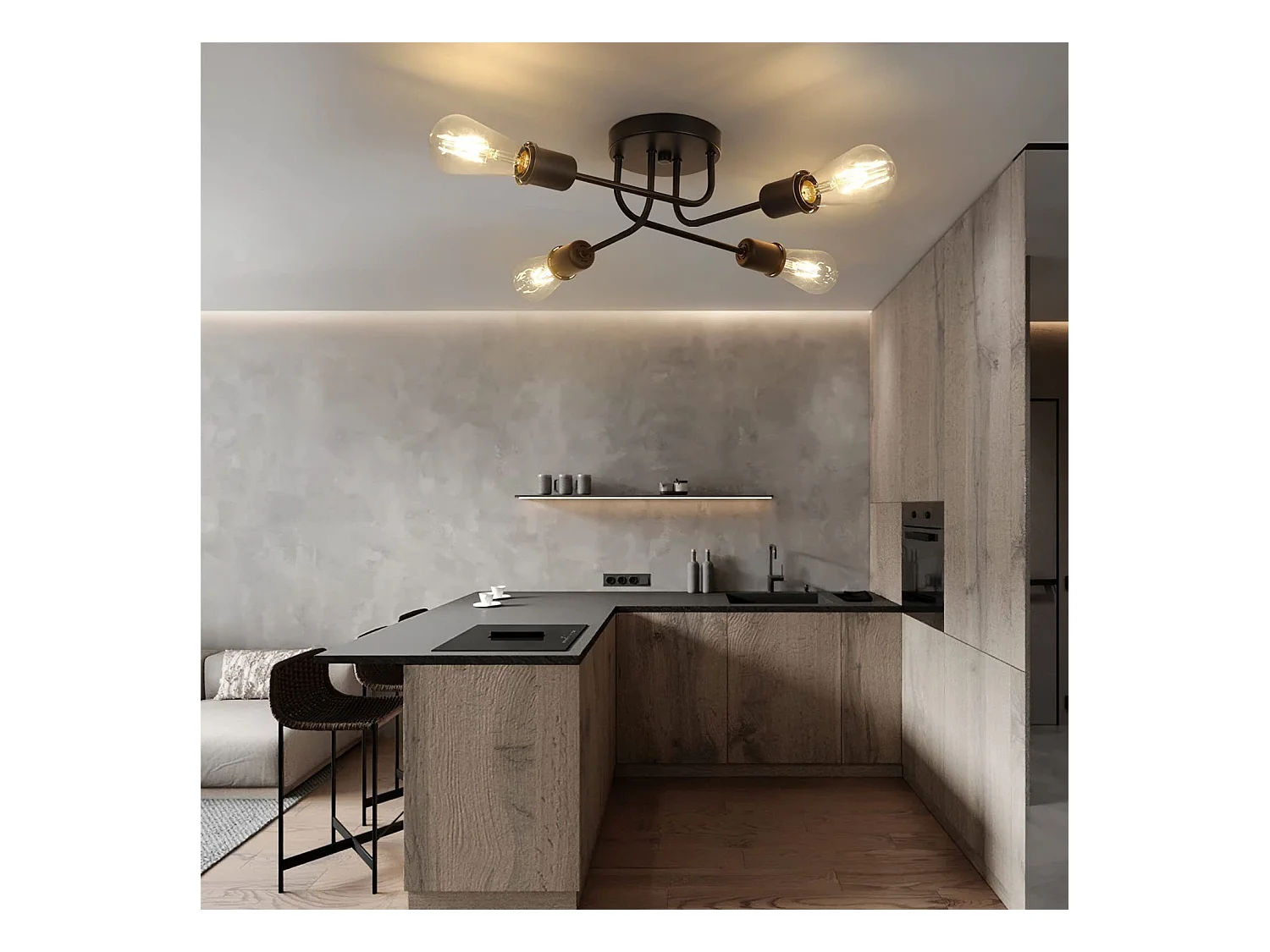 NETTLIFE Lampa sufitowa vintage czarna - retro lampa do salonu 4 lampy przemysłowe E27 Bez żarówek