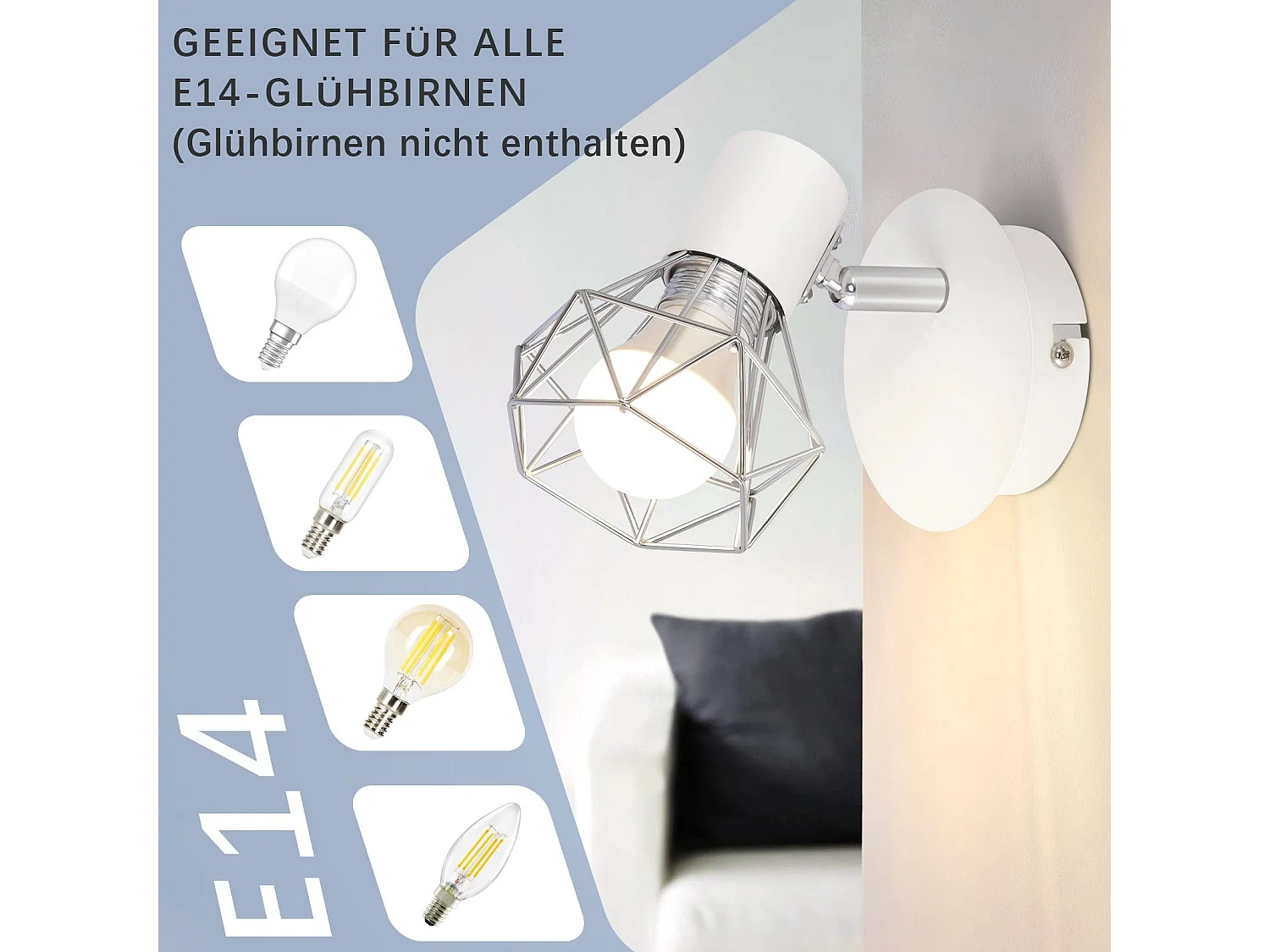 NETTLIFE Spot Mural Vintage Blanc Applique Murale E14 Réglable 350° Abat-Jour en Métal Rétro Bar Salle à Manger Hôtel Max.