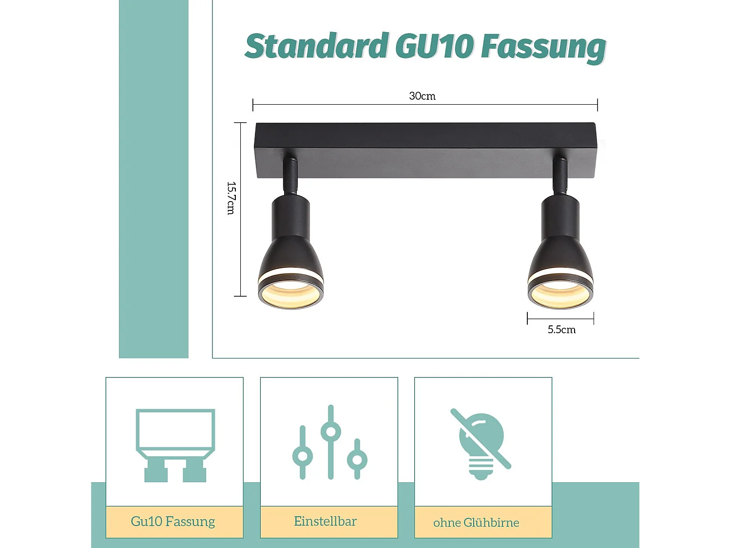 NETTLIFE Opbouwspot GU10 L 30cm zwart 2-Lichts rechthoekig  Plafondlamp 355° draaibaar Plafondspot creatief ontwerp Lampkap