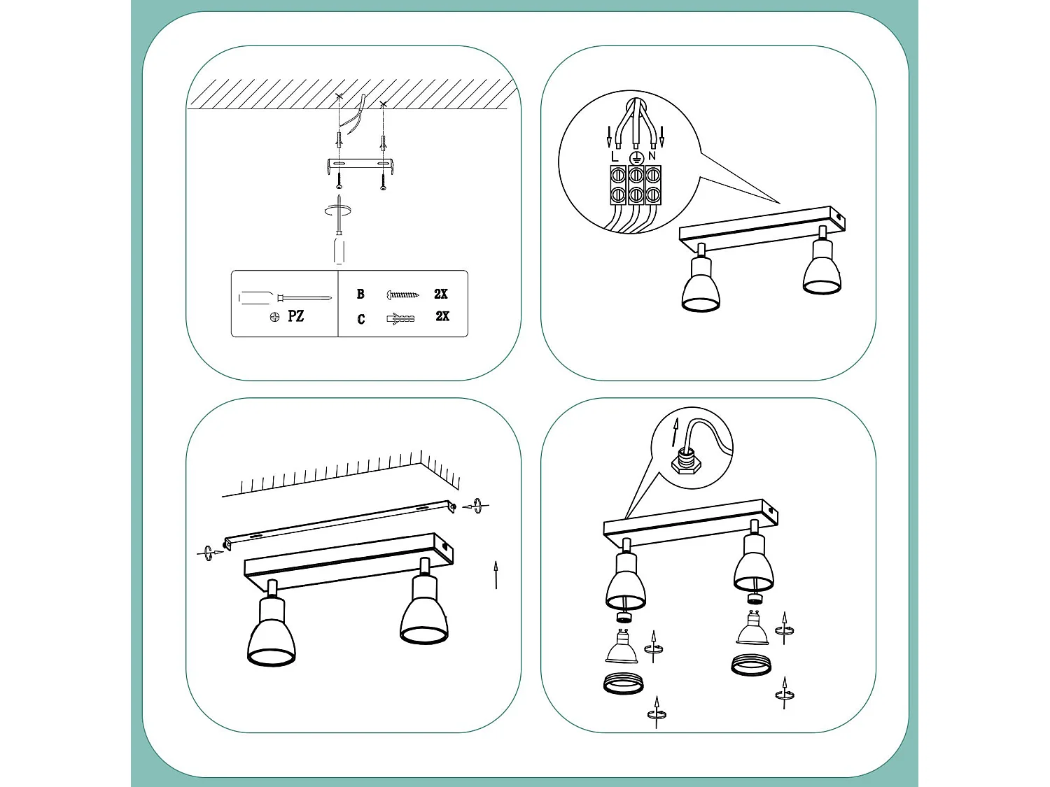 NETTLIFE Opbouwspot GU10 L 30cm zwart 2-Lichts rechthoekig  Plafondlamp 355° draaibaar Plafondspot creatief ontwerp Lampkap