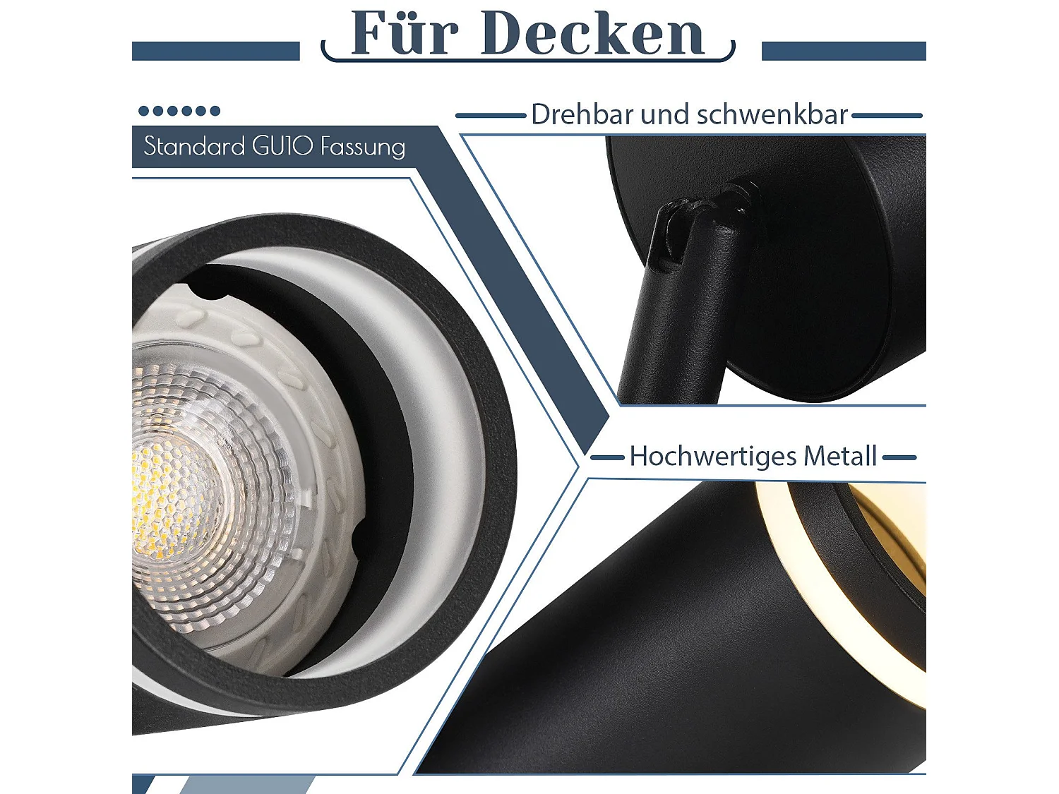 NETTLIFE Opbouwspot GU10 zwart L 73cm rechthoekig Moderne Plafondlamp 355° draaibaar Plafondspot 5-Lichts cilinder Lampkap voor Slaafkamer Kantoor Woonkamer Max.25W