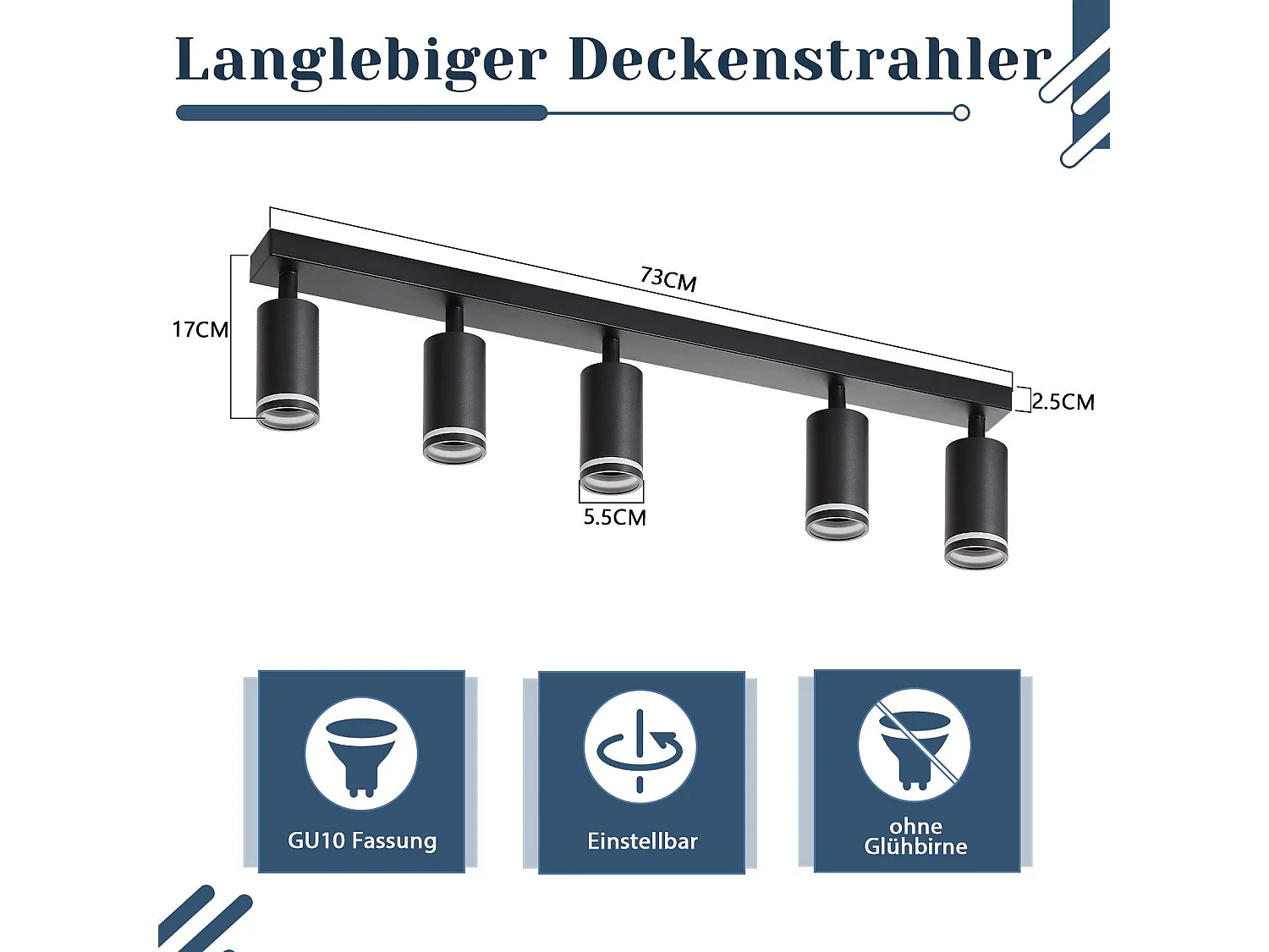 NETTLIFE Opbouwspot GU10 zwart L 73cm rechthoekig Moderne Plafondlamp 355° draaibaar Plafondspot 5-Lichts cilinder Lampkap voor Slaafkamer Kantoor Woonkamer Max.25W