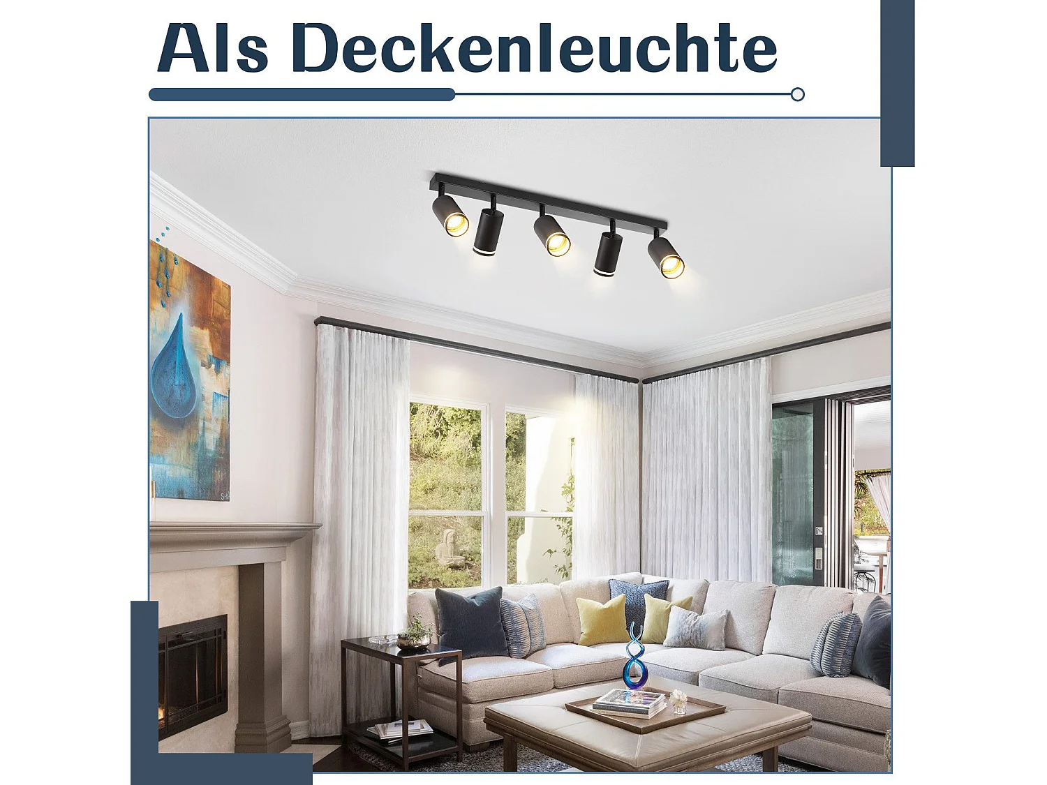 NETTLIFE Opbouwspot GU10 zwart L 73cm rechthoekig Moderne Plafondlamp 355° draaibaar Plafondspot 5-Lichts cilinder Lampkap voor Slaafkamer Kantoor Woonkamer Max.25W