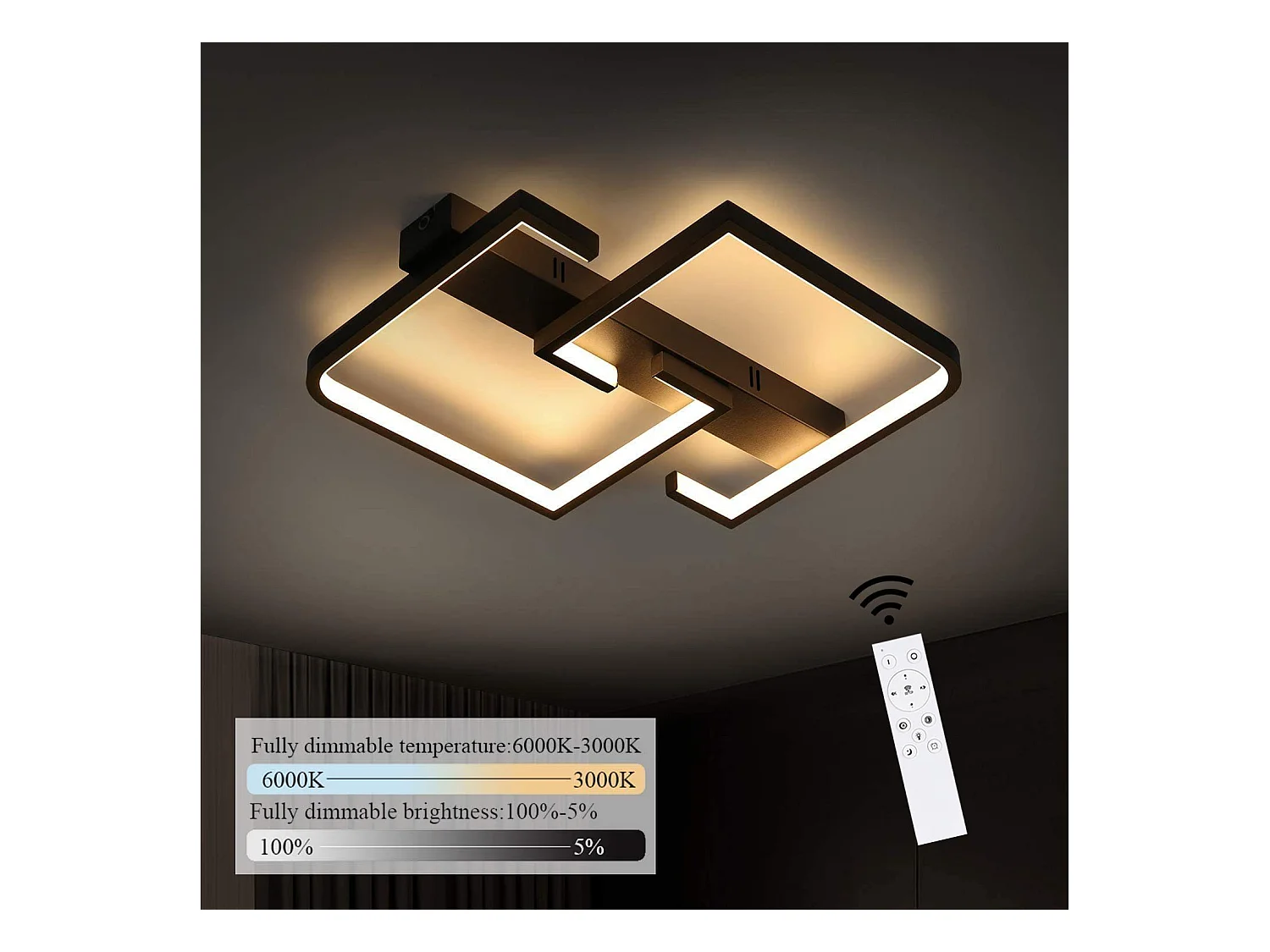 NETTLIFE plafonnier LED 35W noir lampe de salon dimmable avec télécommande design moderne lampe de table à manger lampe de bureau lampe de couloir