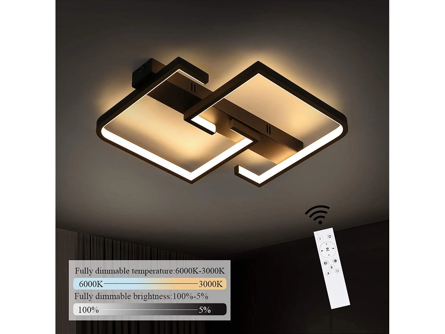 NETTLIFE 35W LED-plafondlamp, zwarte dimbare woonkamerlamp met afstandsbediening, moderne design eettafellamp