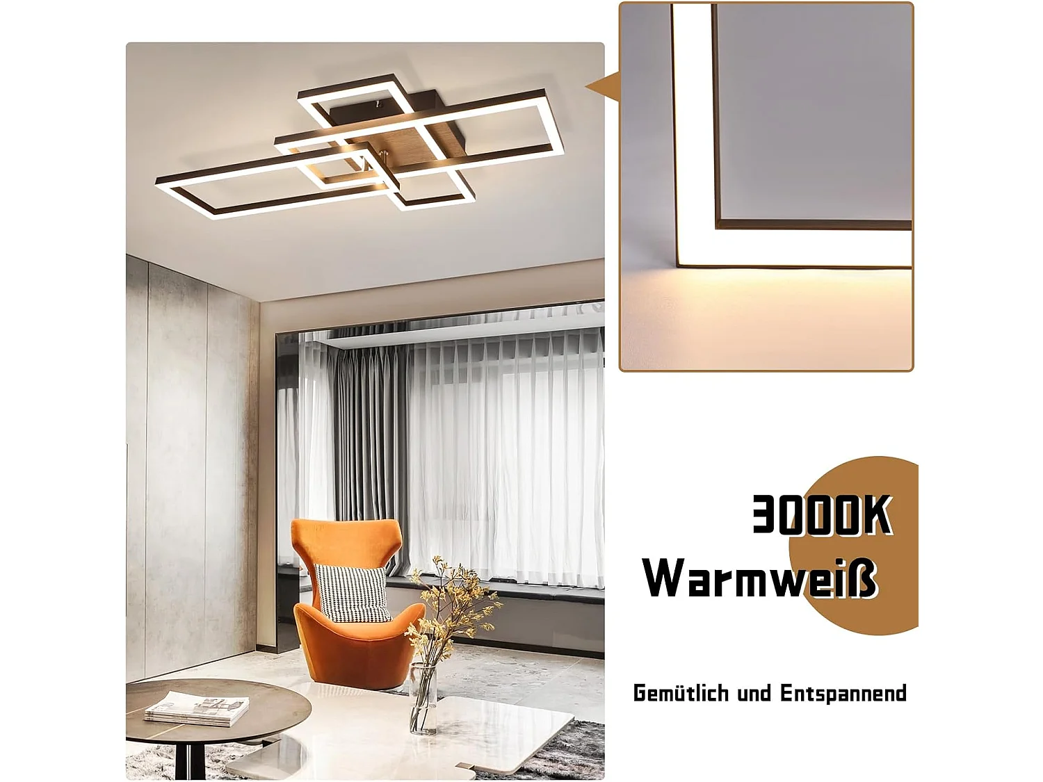 NETTLIFE Plafonnier LED 3000K Bois Noir Lampe de Chambre Moderne Design Plafonnier 32W Blanc Chaud