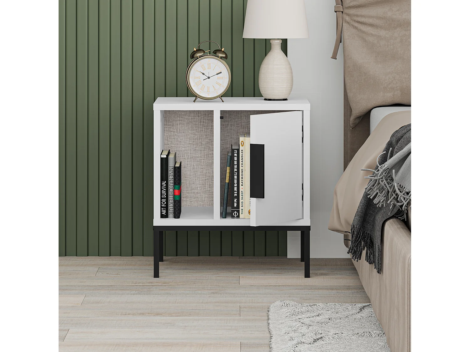 Decortie Blanc 35x45x50cm Table de nuit avec pied en U, panneau de particules, métal Table de chevet rectangulaire Glynn