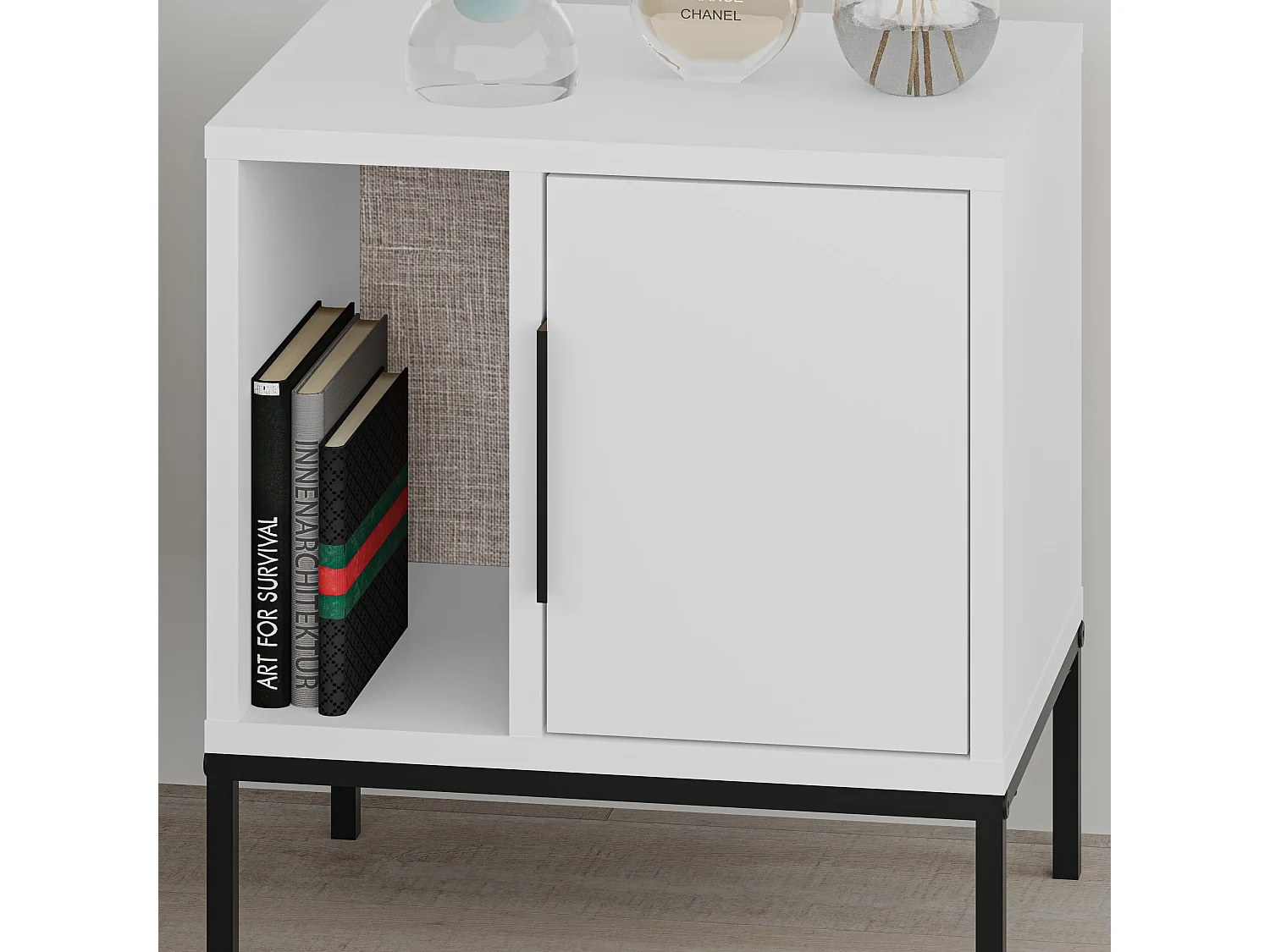 Decortie Blanc 35x45x50cm Table de nuit avec pied en U, panneau de particules, métal Table de chevet rectangulaire Glynn