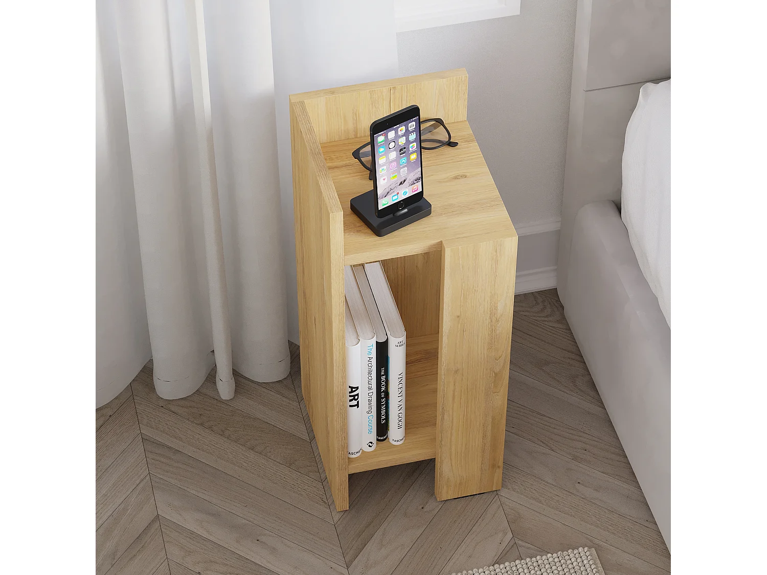 Decortie Chêne 25x27x60cm Table de nuit avec Étagère Aggloméré Rectangulaire Table de nuit Elos