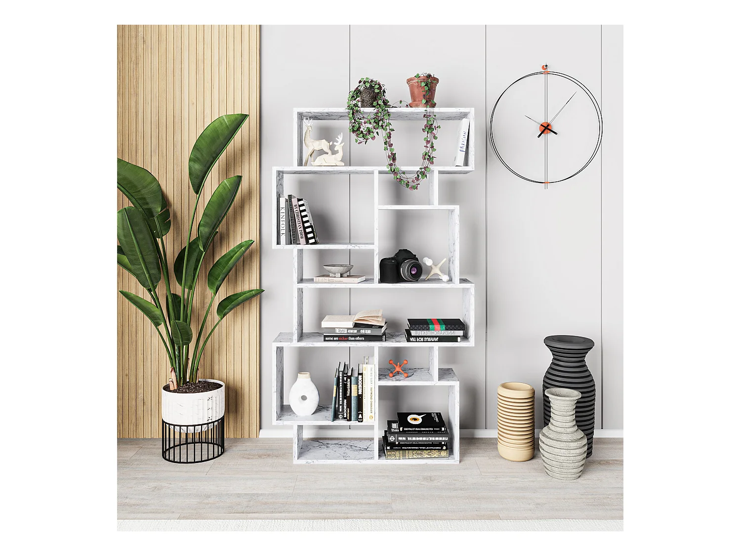 Decortie Effet Marbre Blanc 25.5x96x168.5cm Bibliothèque à 10 compartiments Aggloméré Unité de présentation Karmato