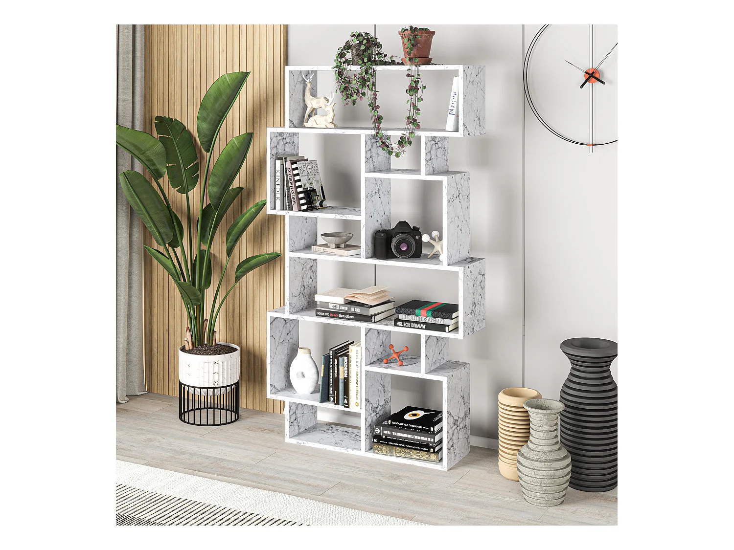 Decortie Effet Marbre Blanc 25.5x96x168.5cm Bibliothèque à 10 compartiments Aggloméré Unité de présentation Karmato