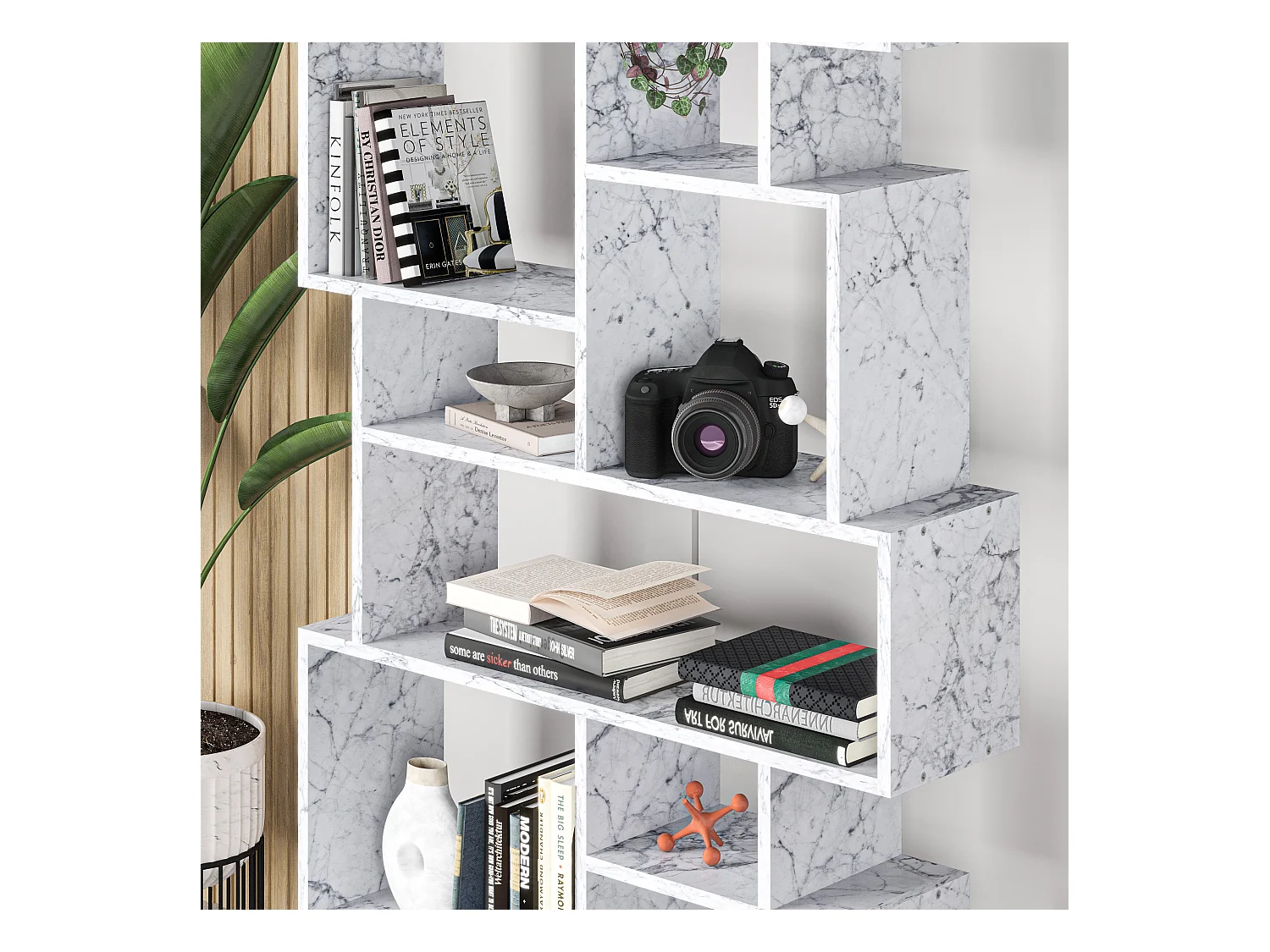 Decortie Effet Marbre Blanc 25.5x96x168.5cm Bibliothèque à 10 compartiments Aggloméré Unité de présentation Karmato