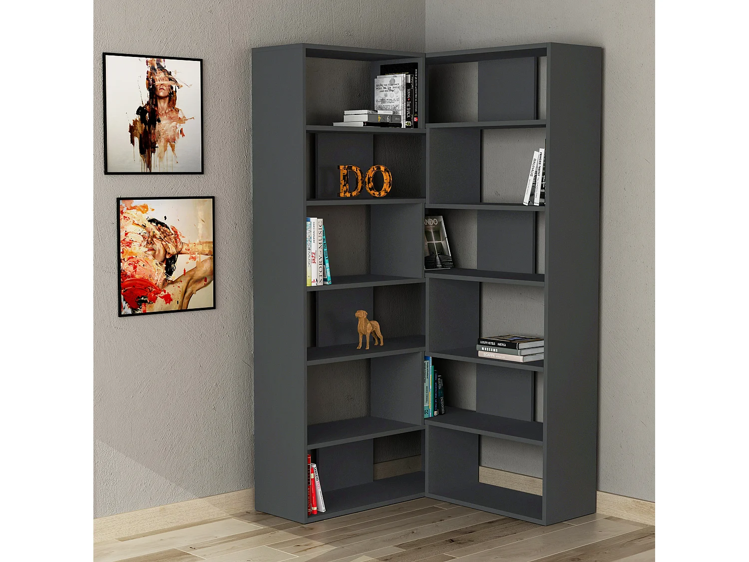 Decortie Antraciet Grijs 29.6x93.6x178.6cm Hoekboekenkast Spaanplaat Weergave-eenheid Molly