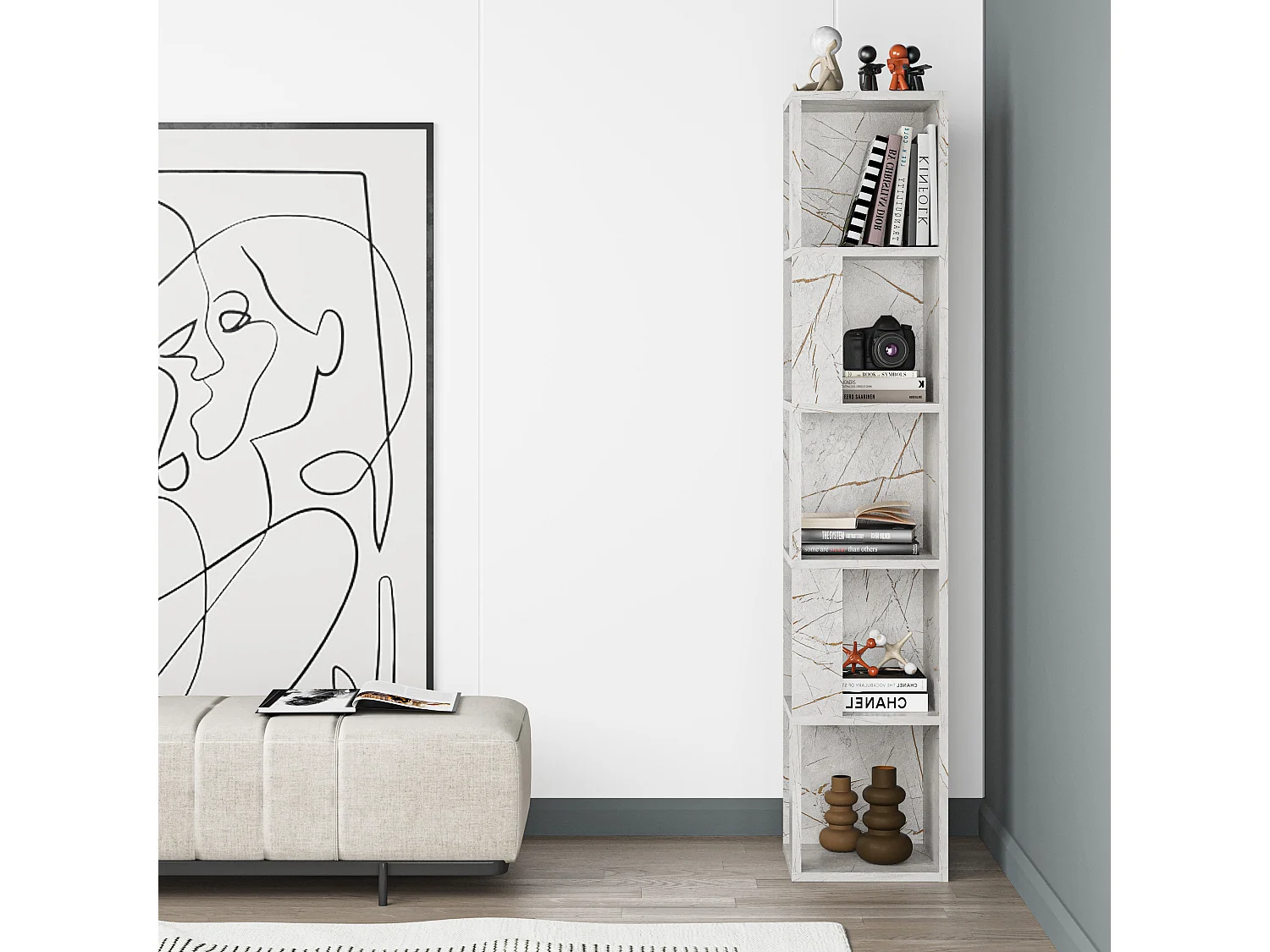 Decortie Effet Marbre Doré 31.4x31.4x158.9cm Bibliothèque d'angle à 5 niveaux Panneau de particules Unité d'affichage Piano