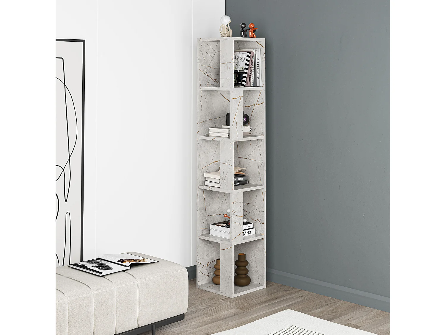 Decortie Effet Marbre Doré 31.4x31.4x158.9cm Bibliothèque d'angle à 5 niveaux Panneau de particules Unité d'affichage Piano