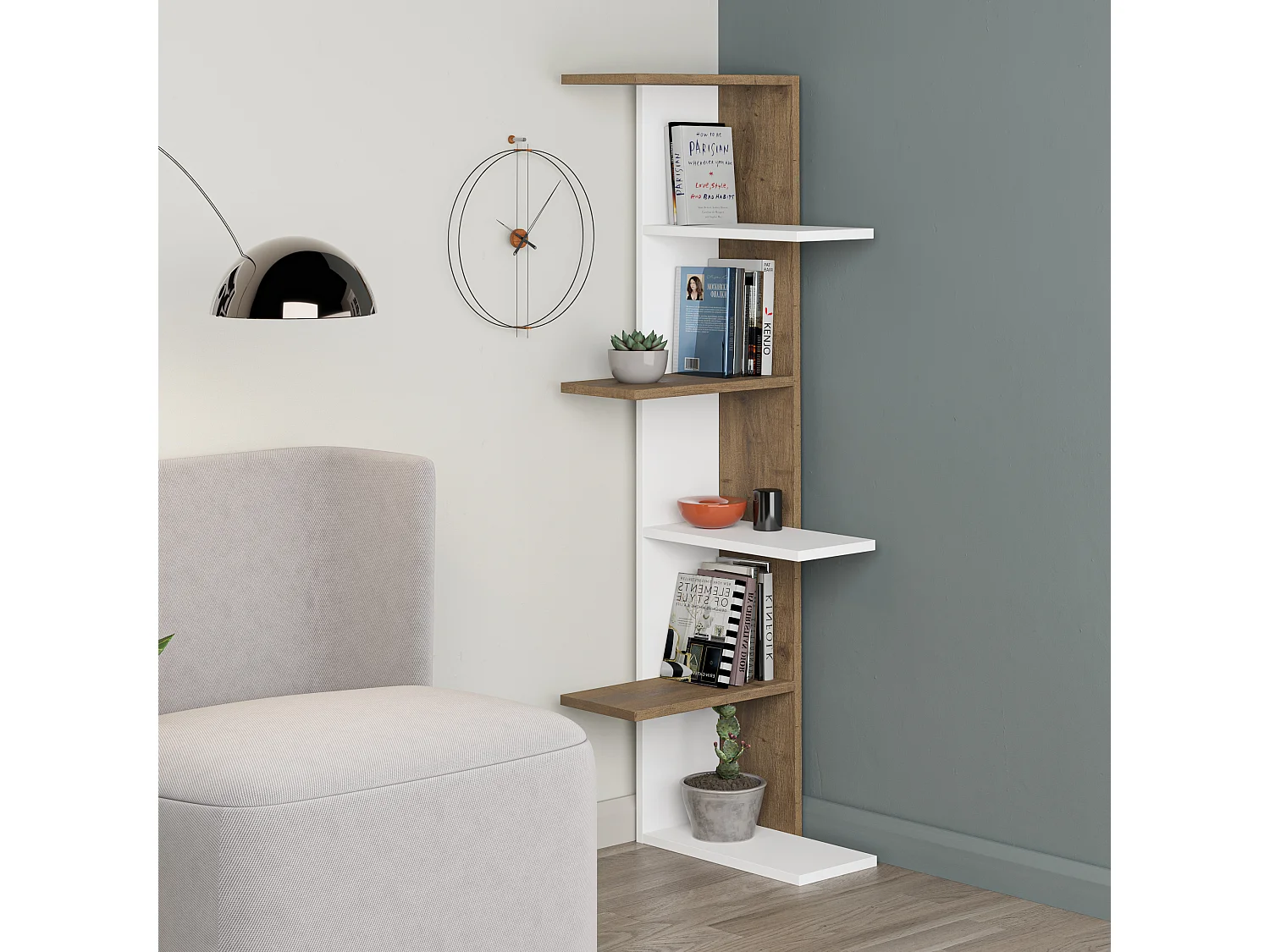 Decortie Donker Eiken 24x37x141cm Hoekboekenkast met 5-laags Spaanplaat Weergave-eenheid Saso